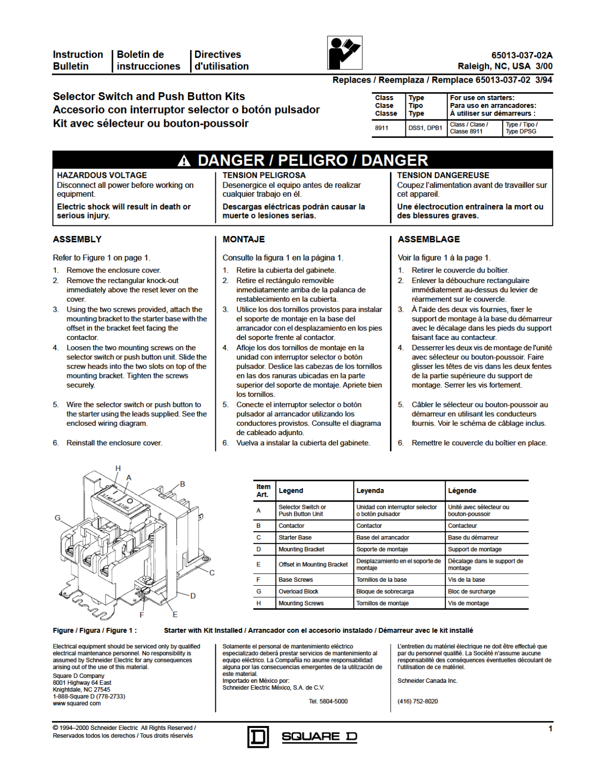 Square D 8911 Instruction Sheet