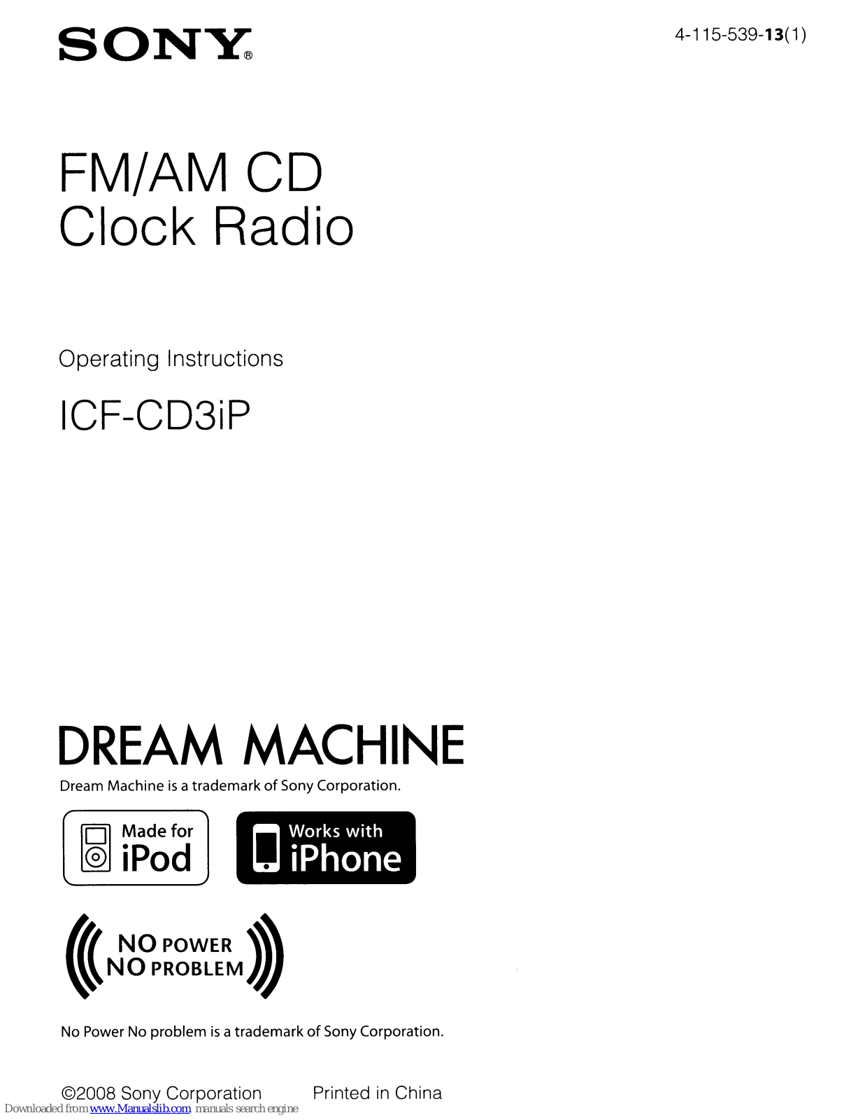 Sony Dream Machine ICF-CD3iP Operating Instructions Manual - ManualMachine.com