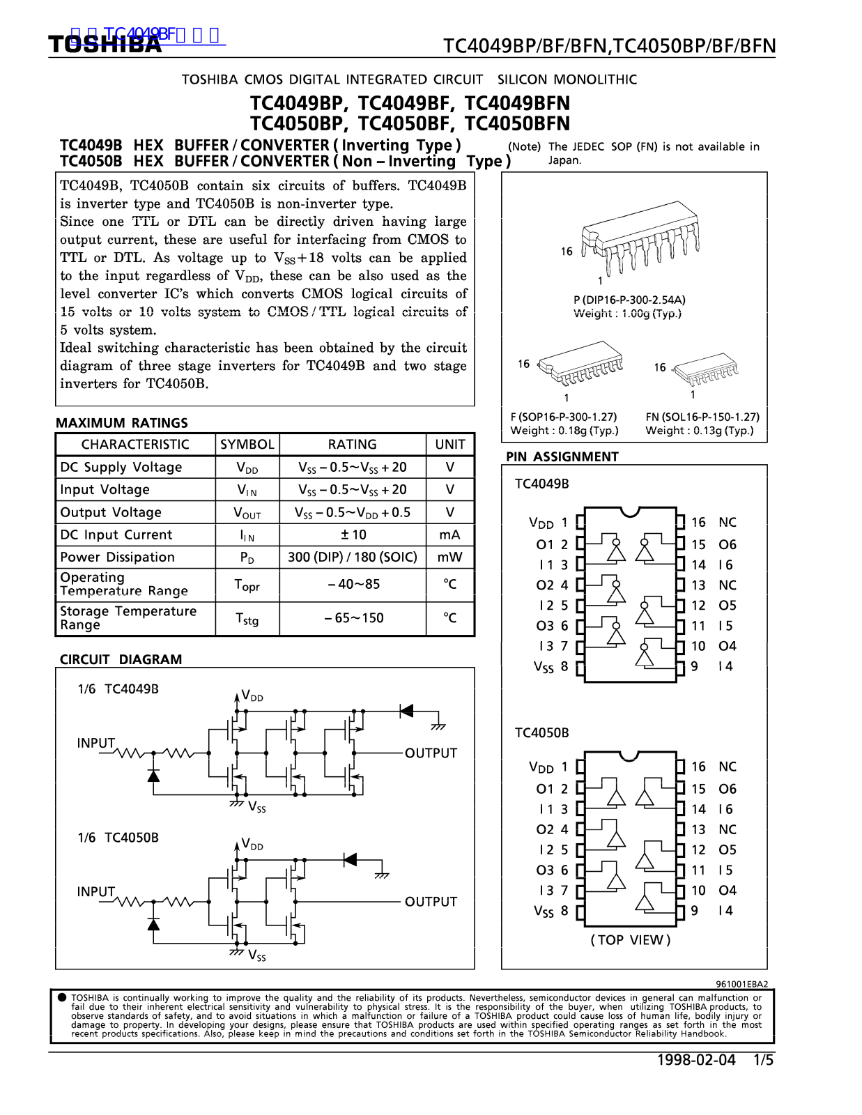 TOSHIBA TC4049BP, TC4049BF, TC4049BFN, TC4050BP, TC4050BF Technical data