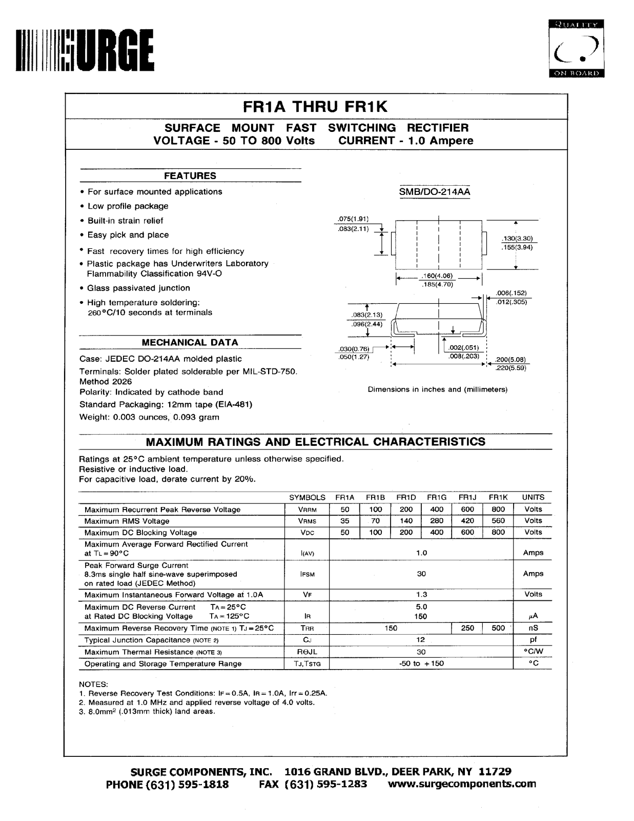 SURGE FR1K, FR1D, FR1B, FR1J, FR1G Datasheet