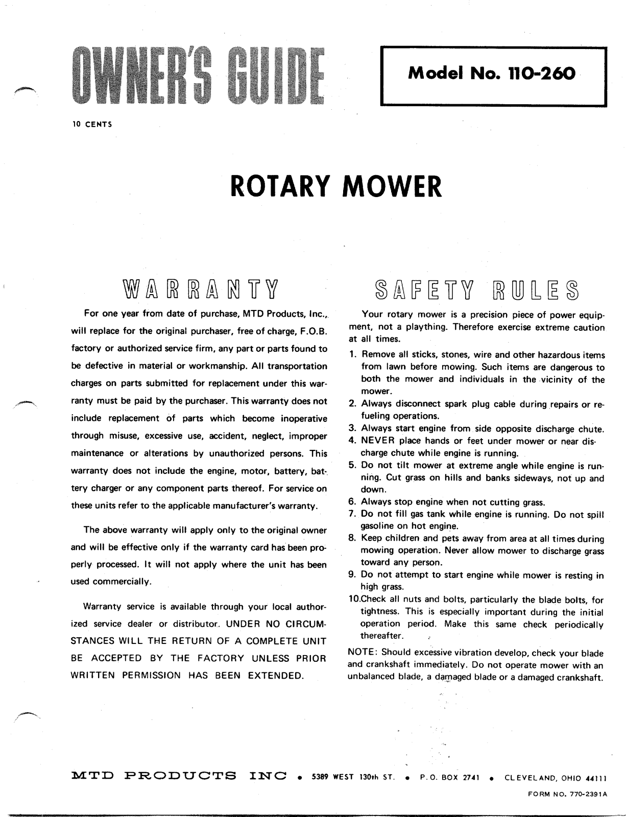 Bolens 110-260 User Manual