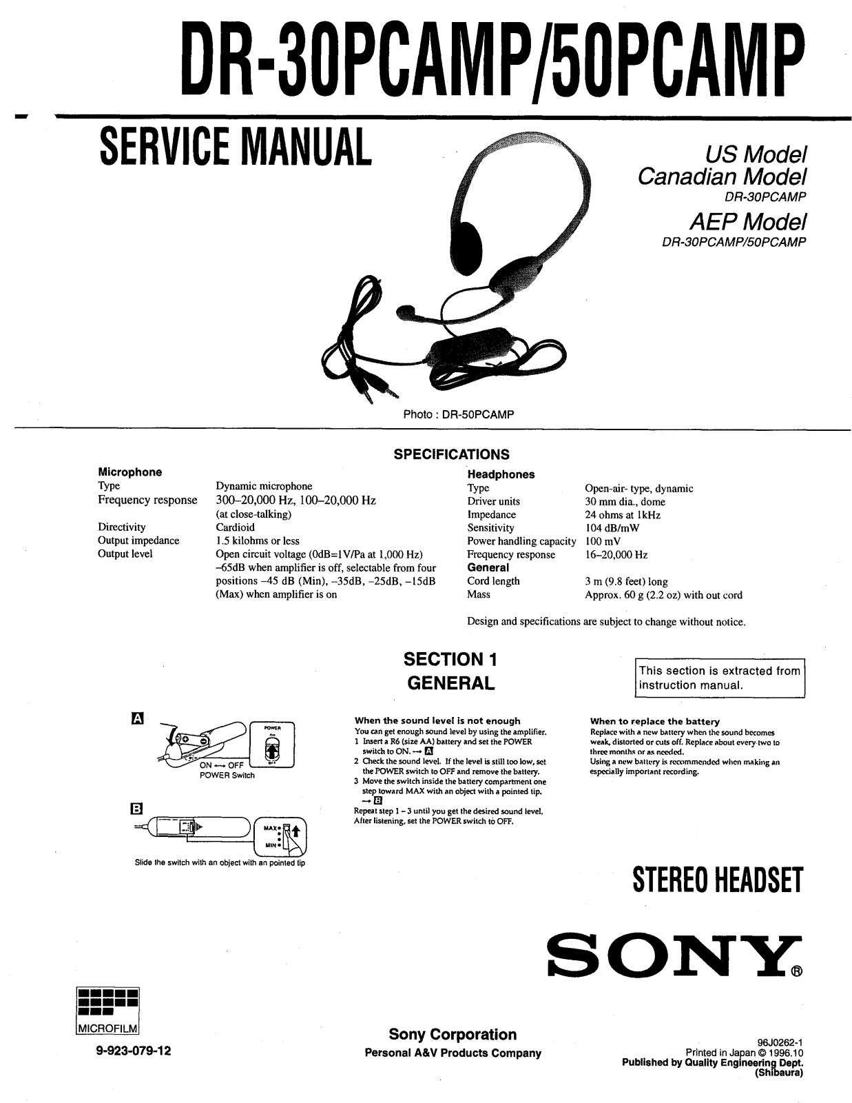 Sony DR-30-PCAMP Service manual