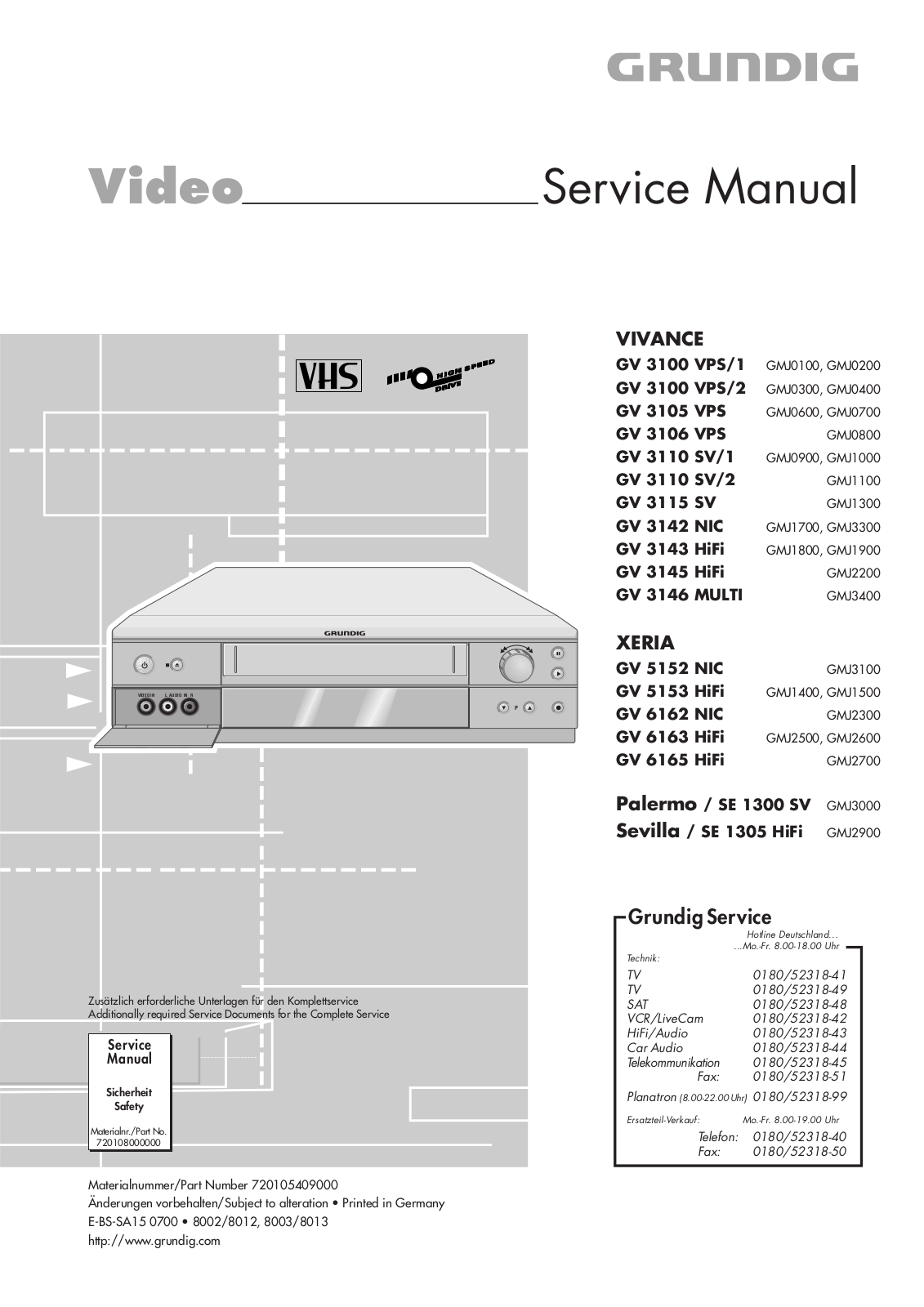 Grundig GV 6163 HiFi, GV 3100 VPS-1, GV 3105 VPS, GV 3106 VPS, GV 3110 SV-1 Service Manual