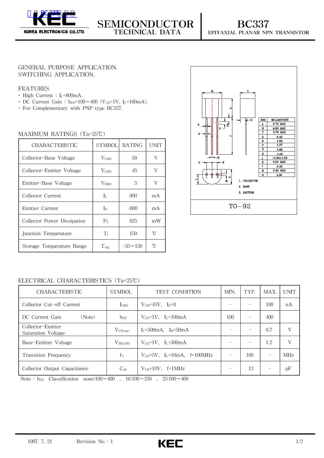 KEC BC337 TECHNICAL DATA