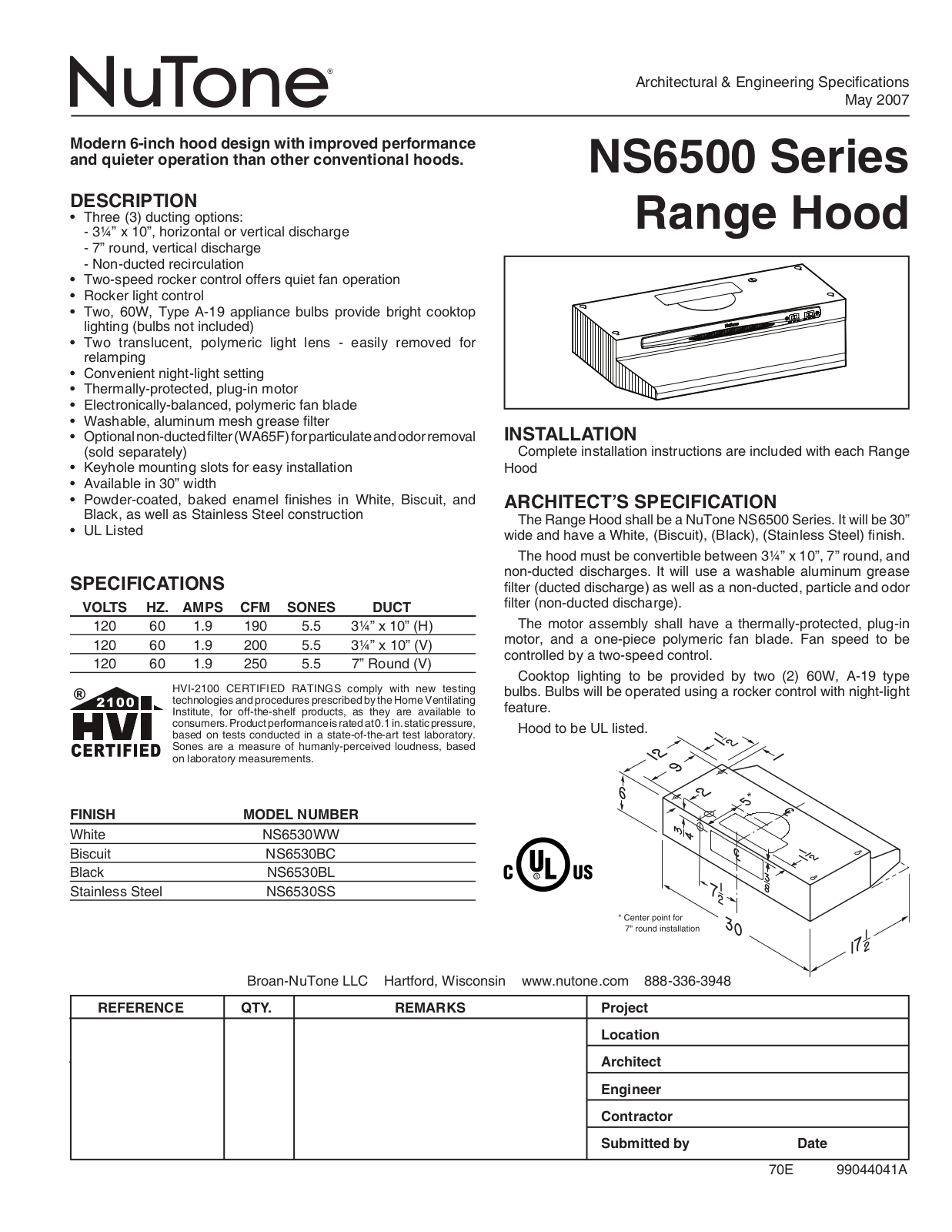 NuTone NS6530BC, NS6530SS, NS6530BL, NS6530WW User Manual