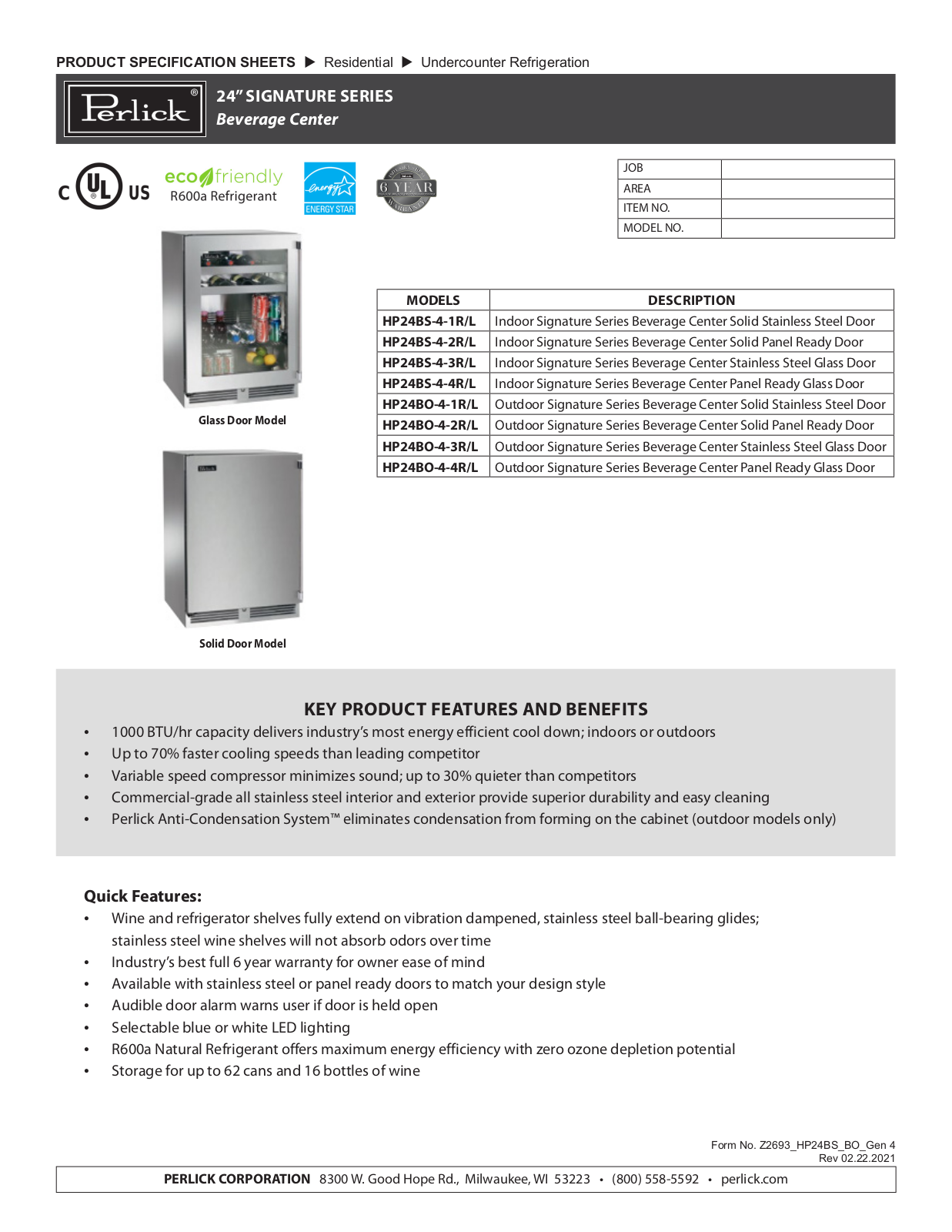 Perlick HP24BS-4-3R, HP24BS-4-1L, HP24BS-4-4R, HP24BS-4-2L, HP24BS-4-3L Specification Sheet