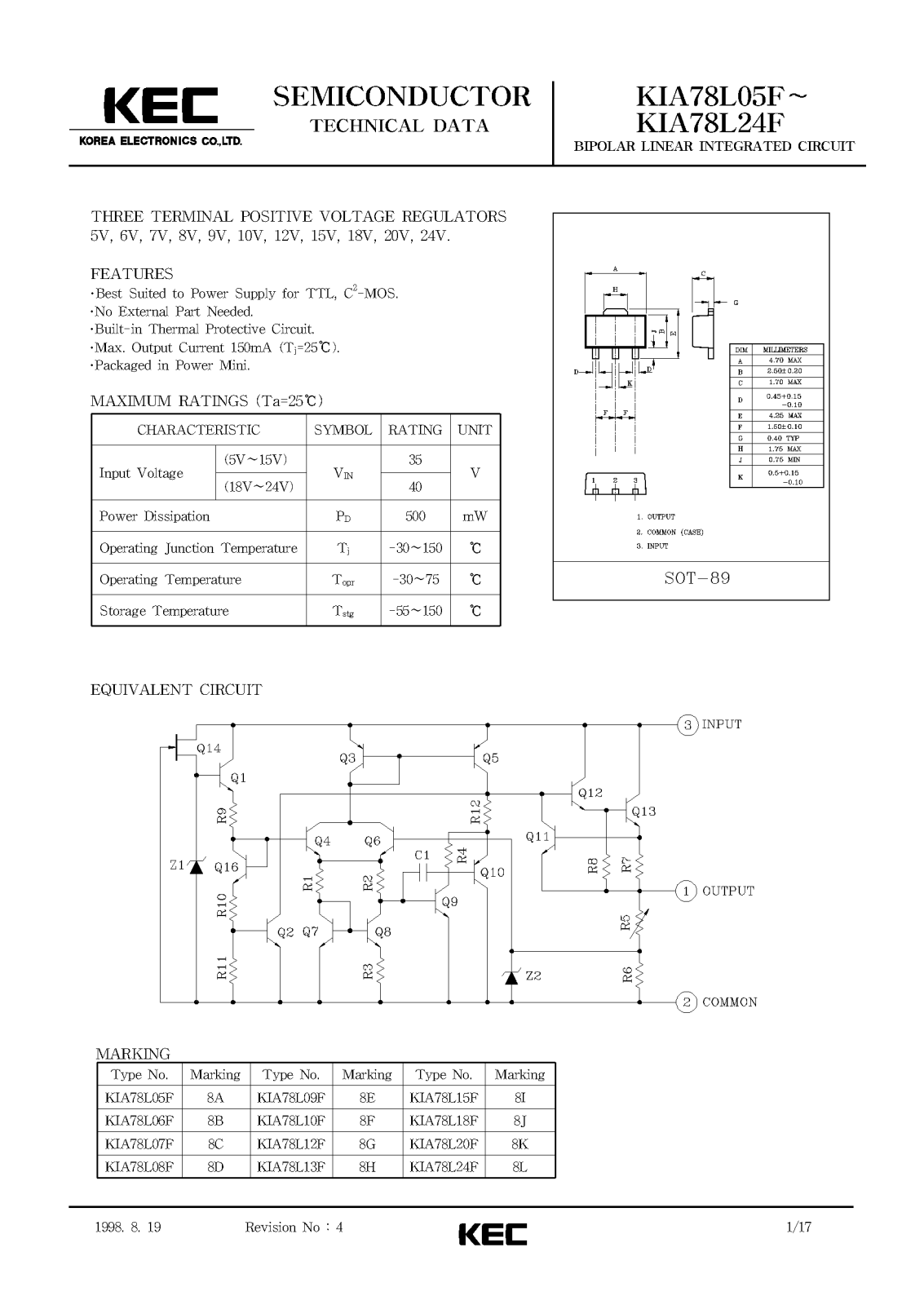 KEC KIA78L24F, KIA78L20F, KIA78L18F, KIA78L15F, KIA78L09F Datasheet