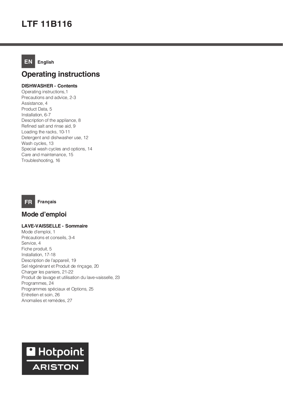 Hotpoint LTF 11B116 EU User Manual