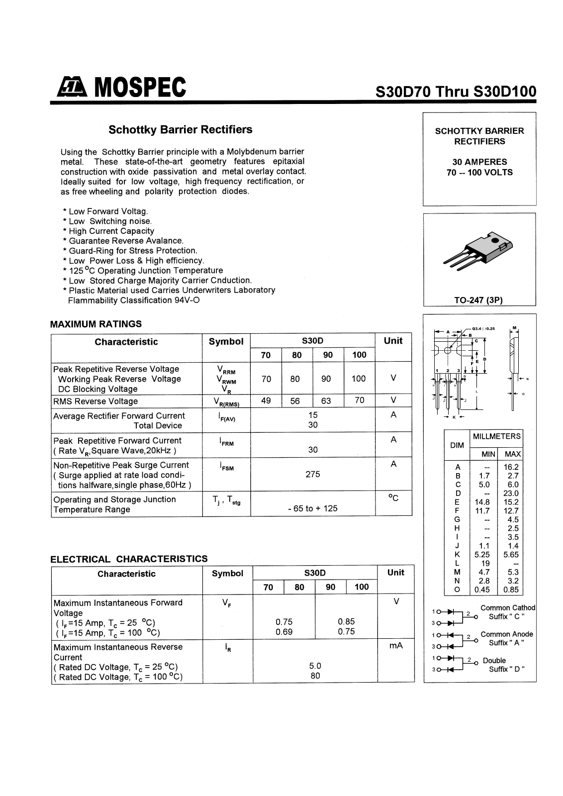 MOSPEC S30D100A, S30D100D, S30D70A, S30D70C, S30D70D Datasheet