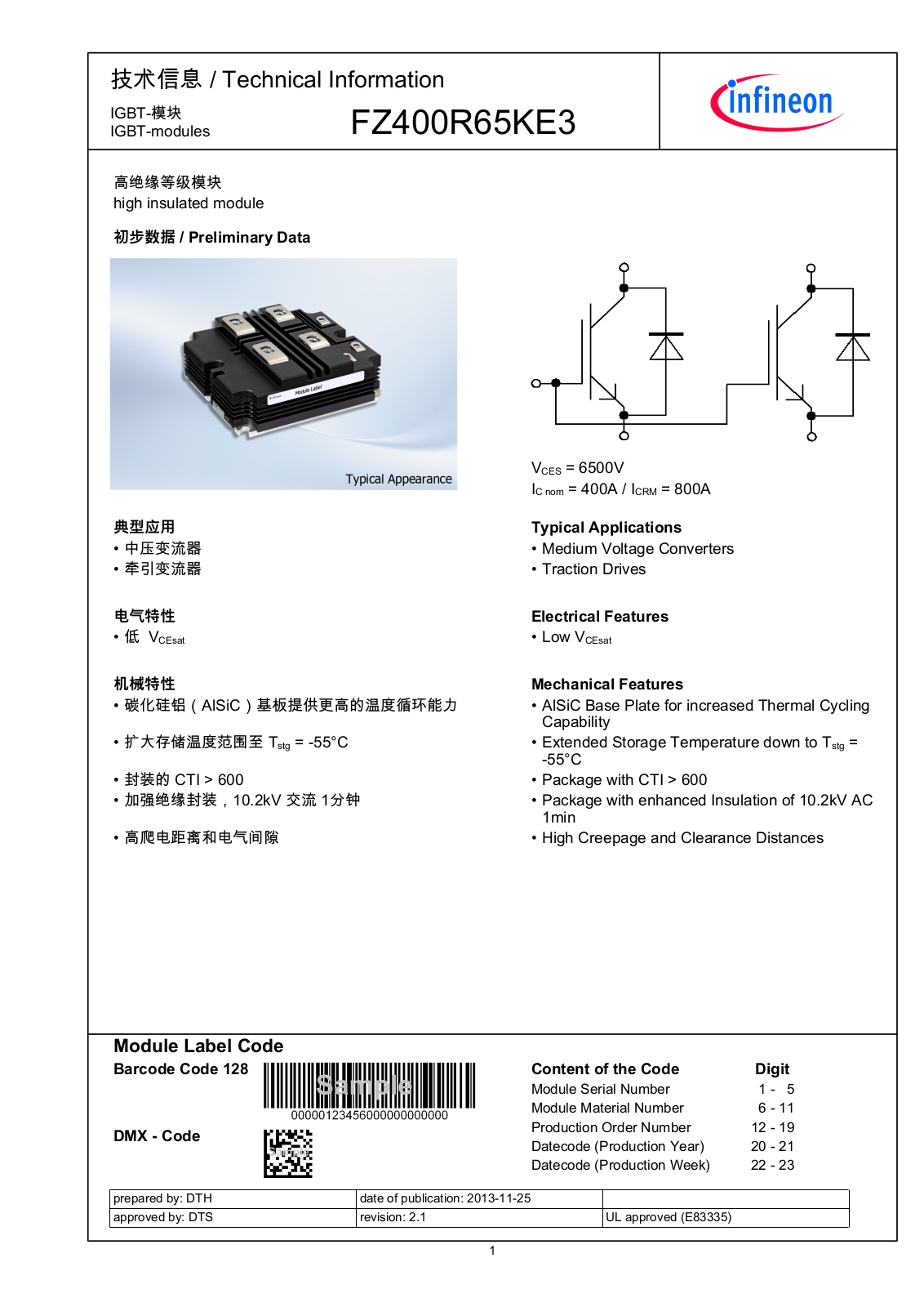 Infineon FZ400R65KE3 Data Sheet