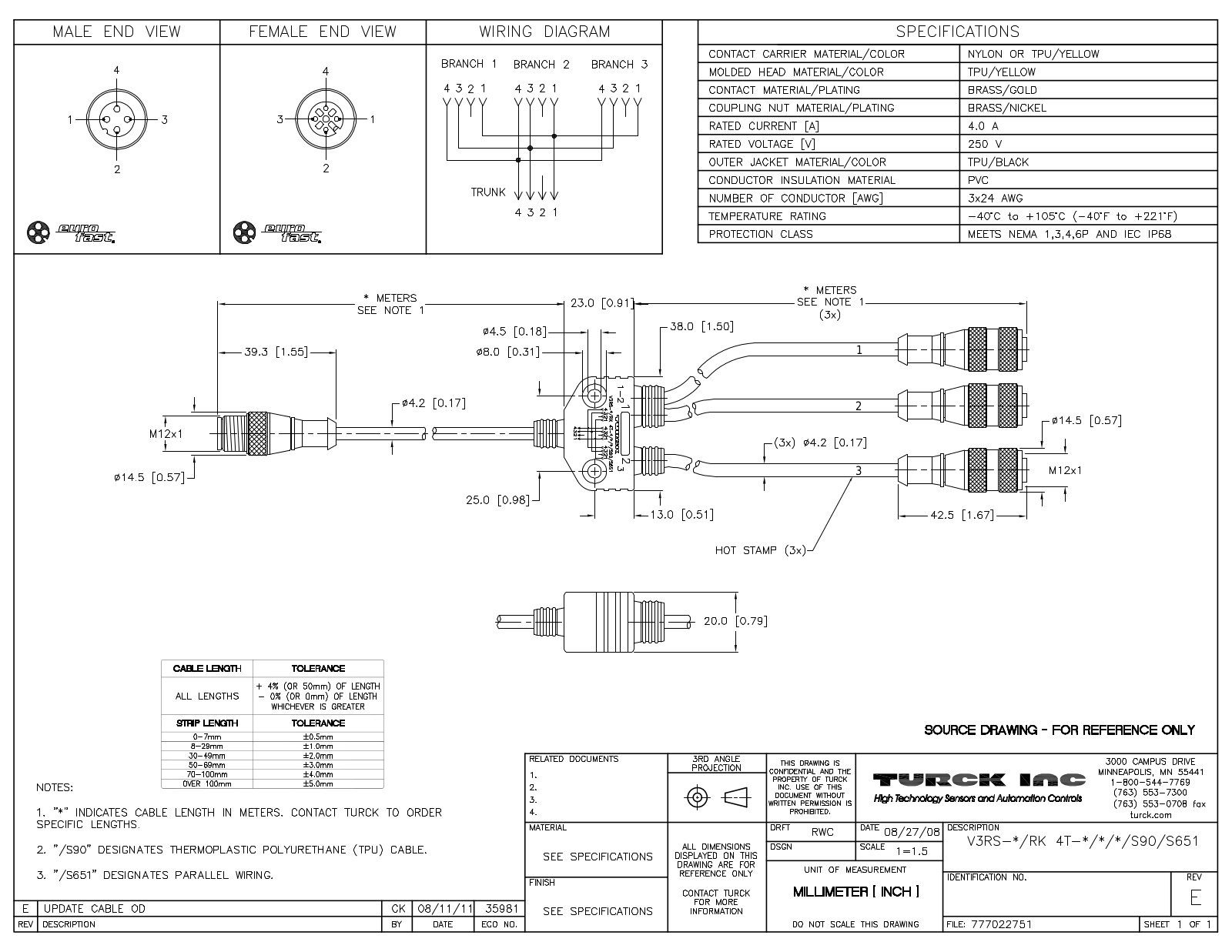 Turck V3RS-1/RK4T-1/1/1/S90S651 Specification Sheet