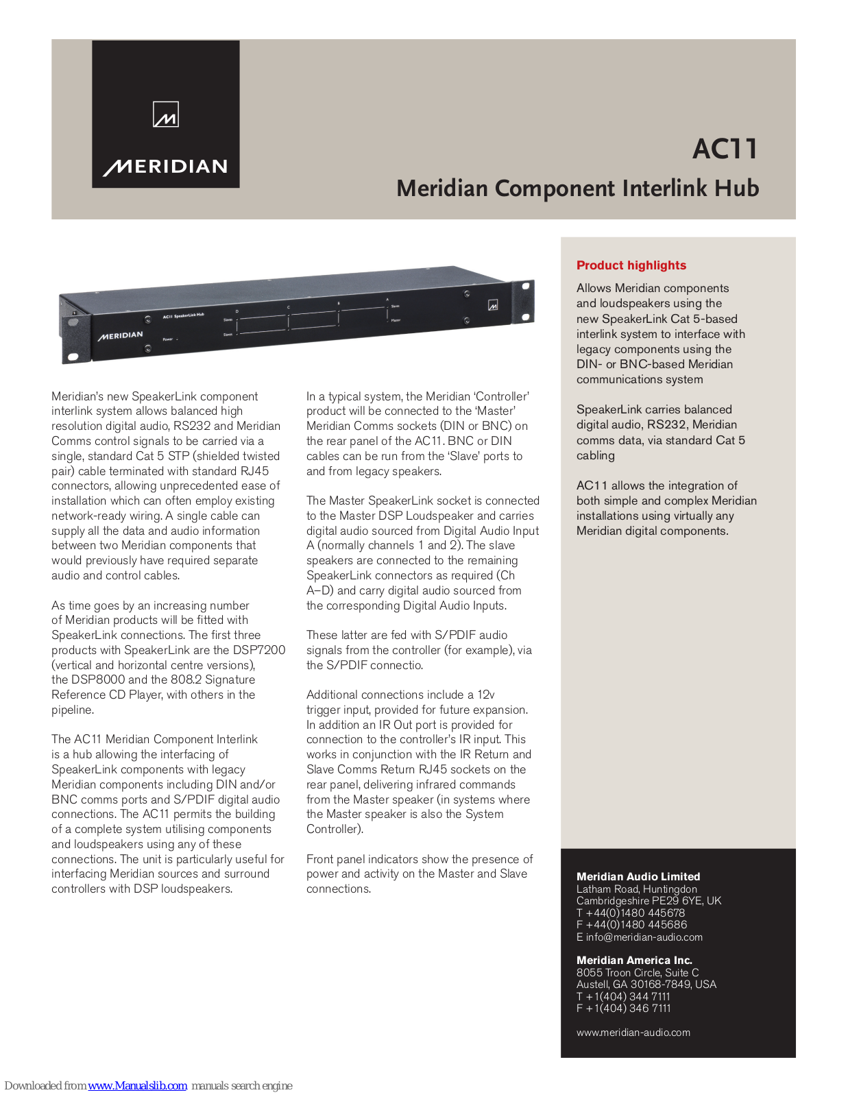 Meridian Component Interlink Hub AC11, AC11 Specifications