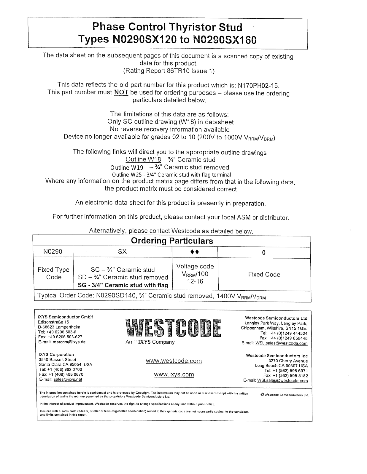 Westcode Semiconductors N0290SX120, N0290SX160 Data Sheet