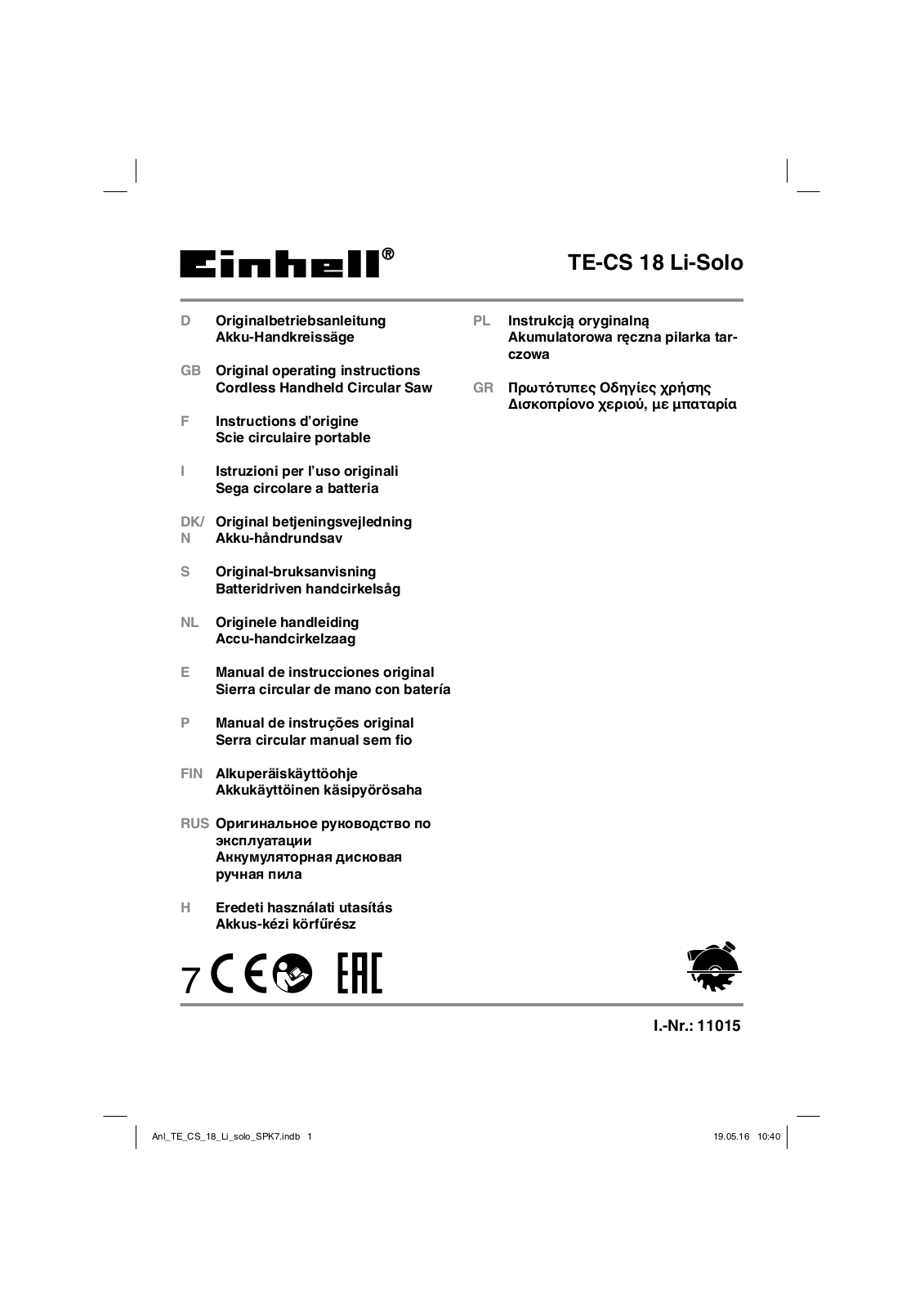 EINHELL PXC TE-CS 18 Li-Solo User Manual