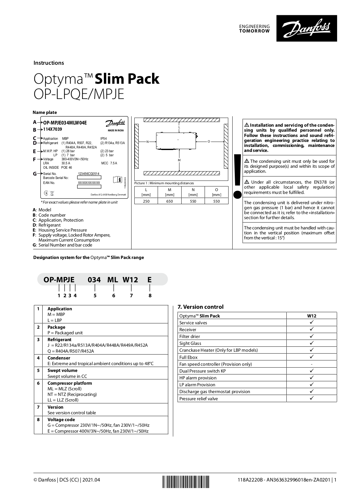 Danfoss OP-LPQE, OP-MPJE Installation guide