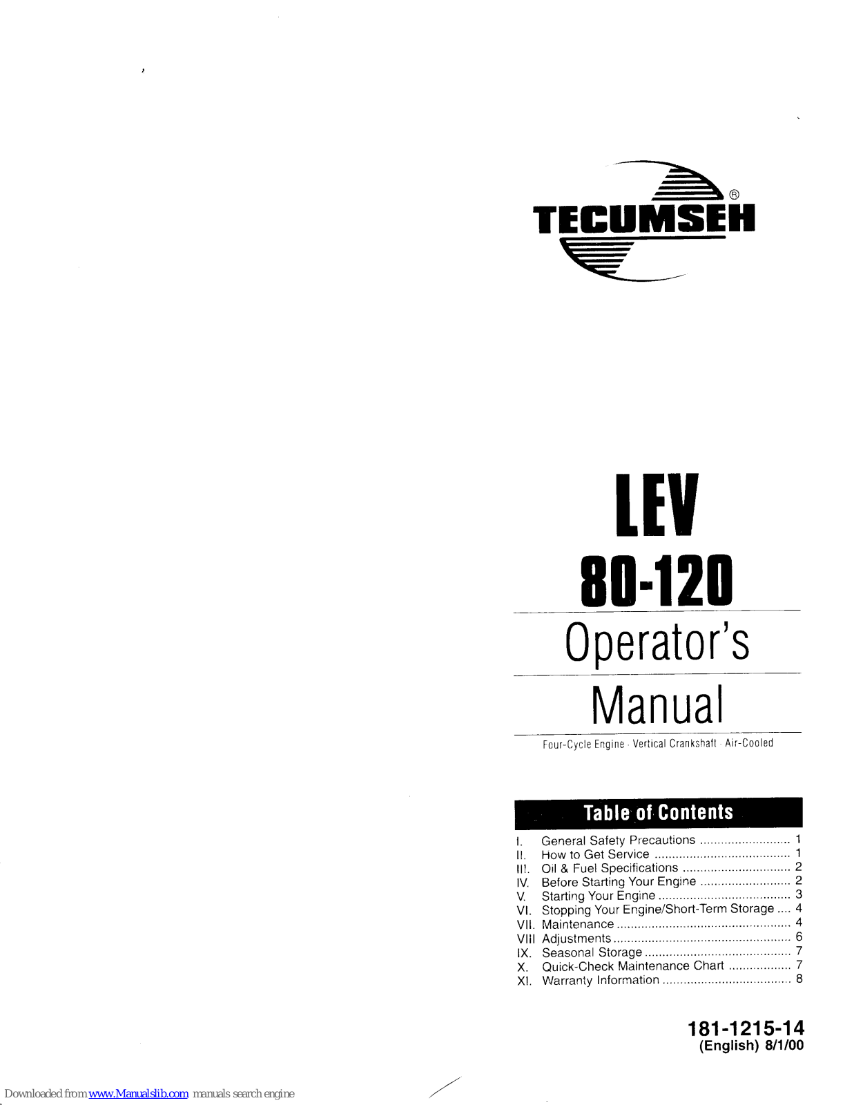 Tecumseh LEV 80-120 Operator's Manual - ManualMachine.com