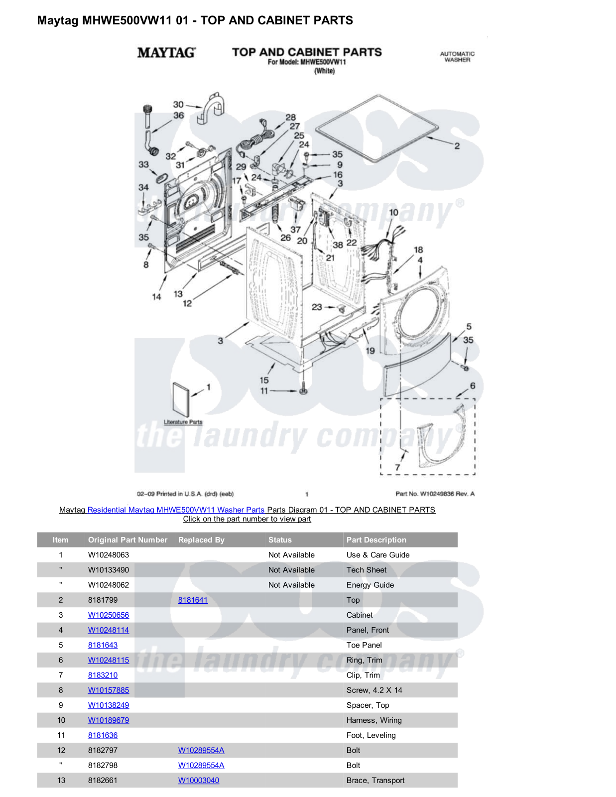 Maytag MHWE500VW11 Parts Diagram