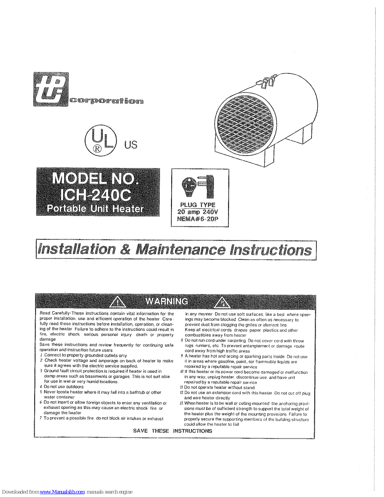 TPI ICH-240C Installation And Maintenance Instructions Manual