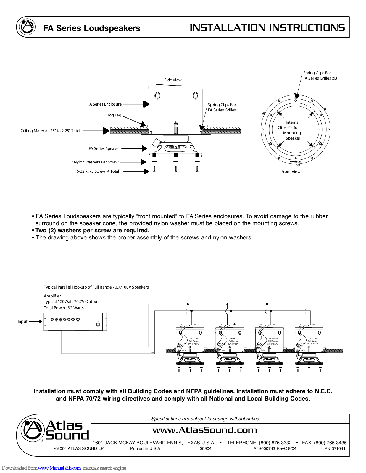 Atlas FA138T87, FA Installation Instructions Manual