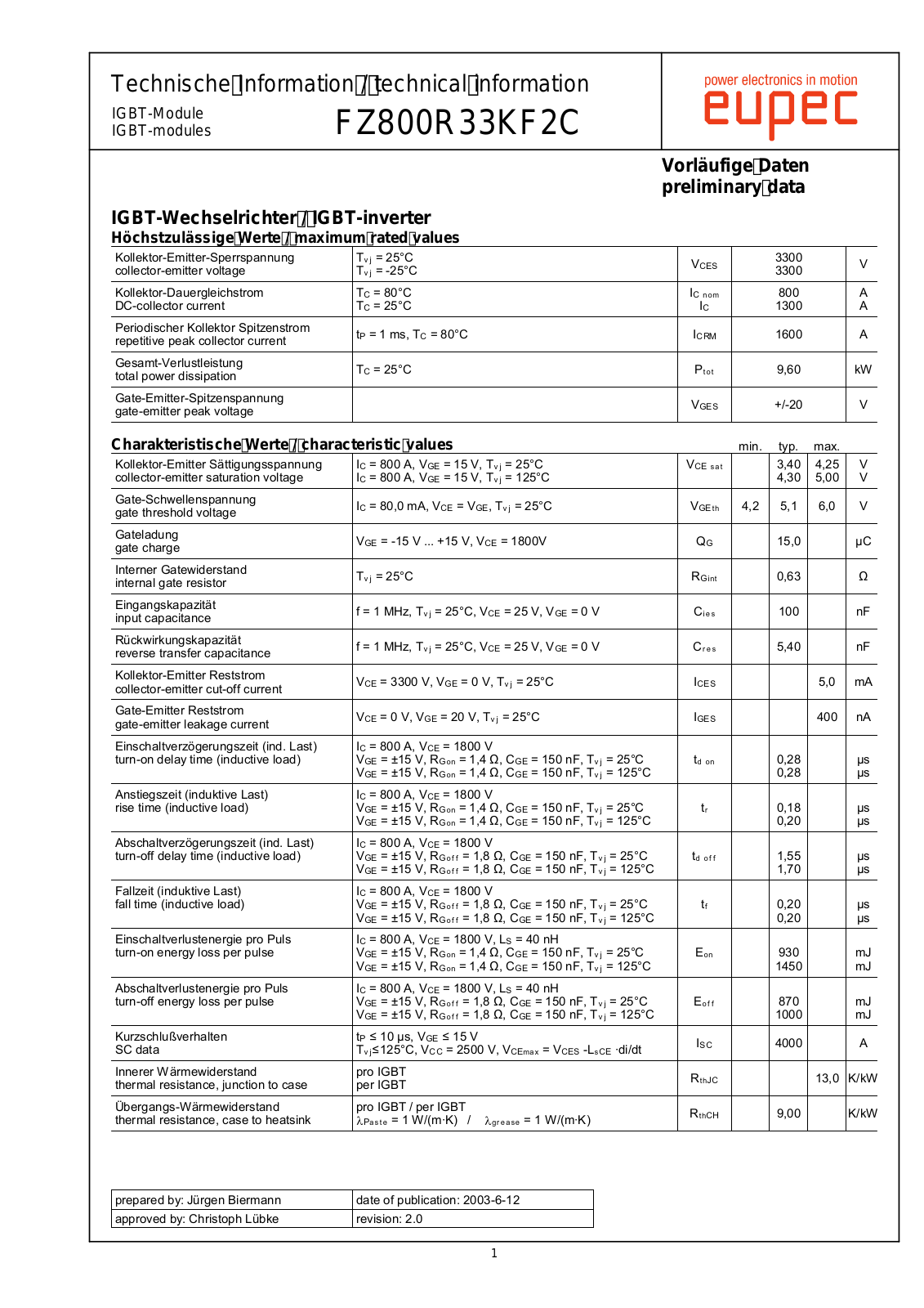 Infineon FZ800R33KF2C Data Sheet