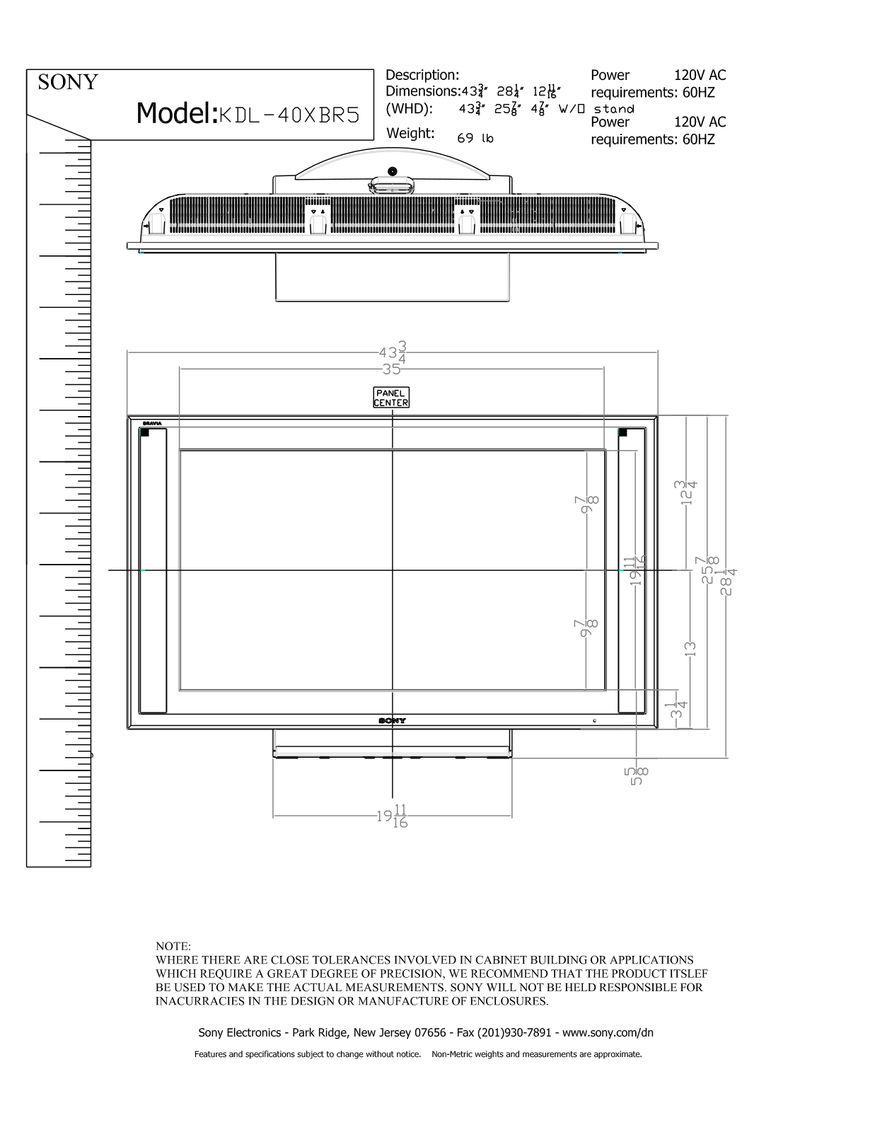 Sony KDL-40XBR5 Dimensions Diagrams