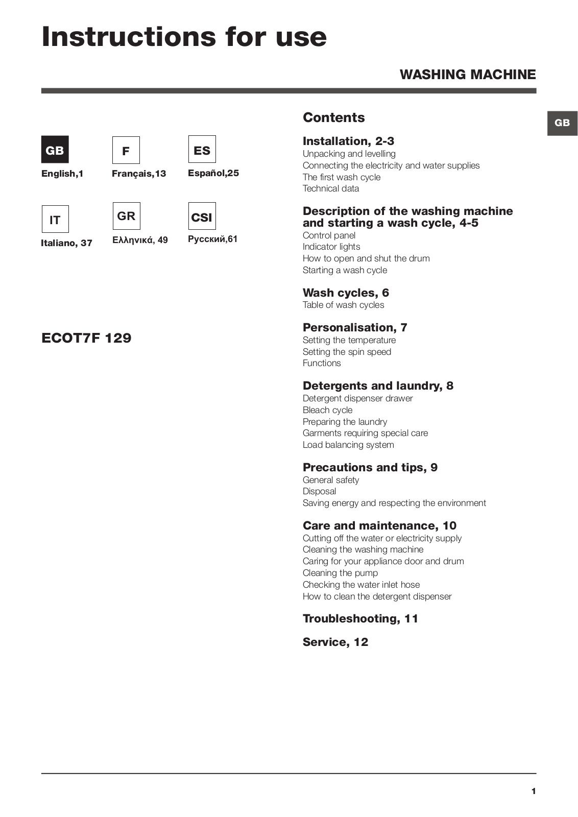 Hotpoint ECOT7F 129 User Manual