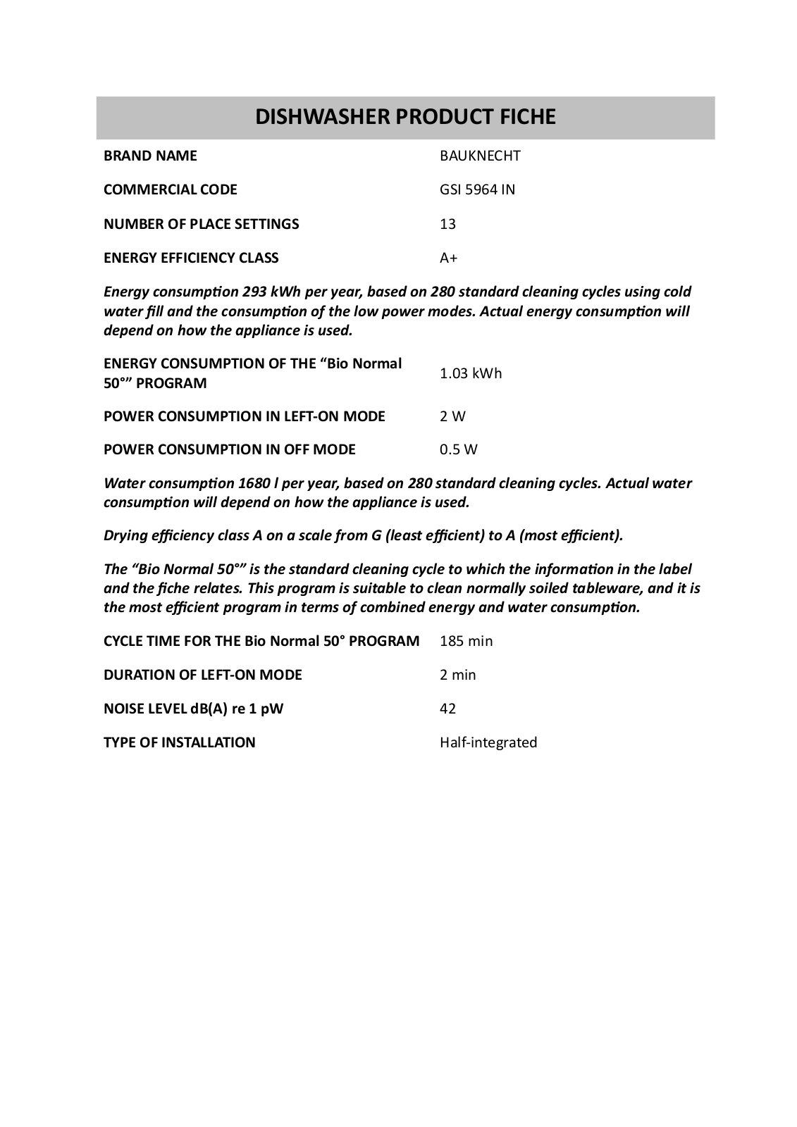 Bauknecht GSI 5964 IN Product Sheet