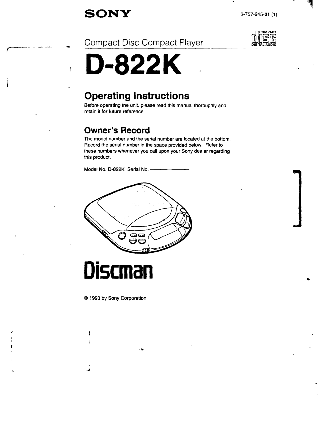 Sony D822K Operating Instructions