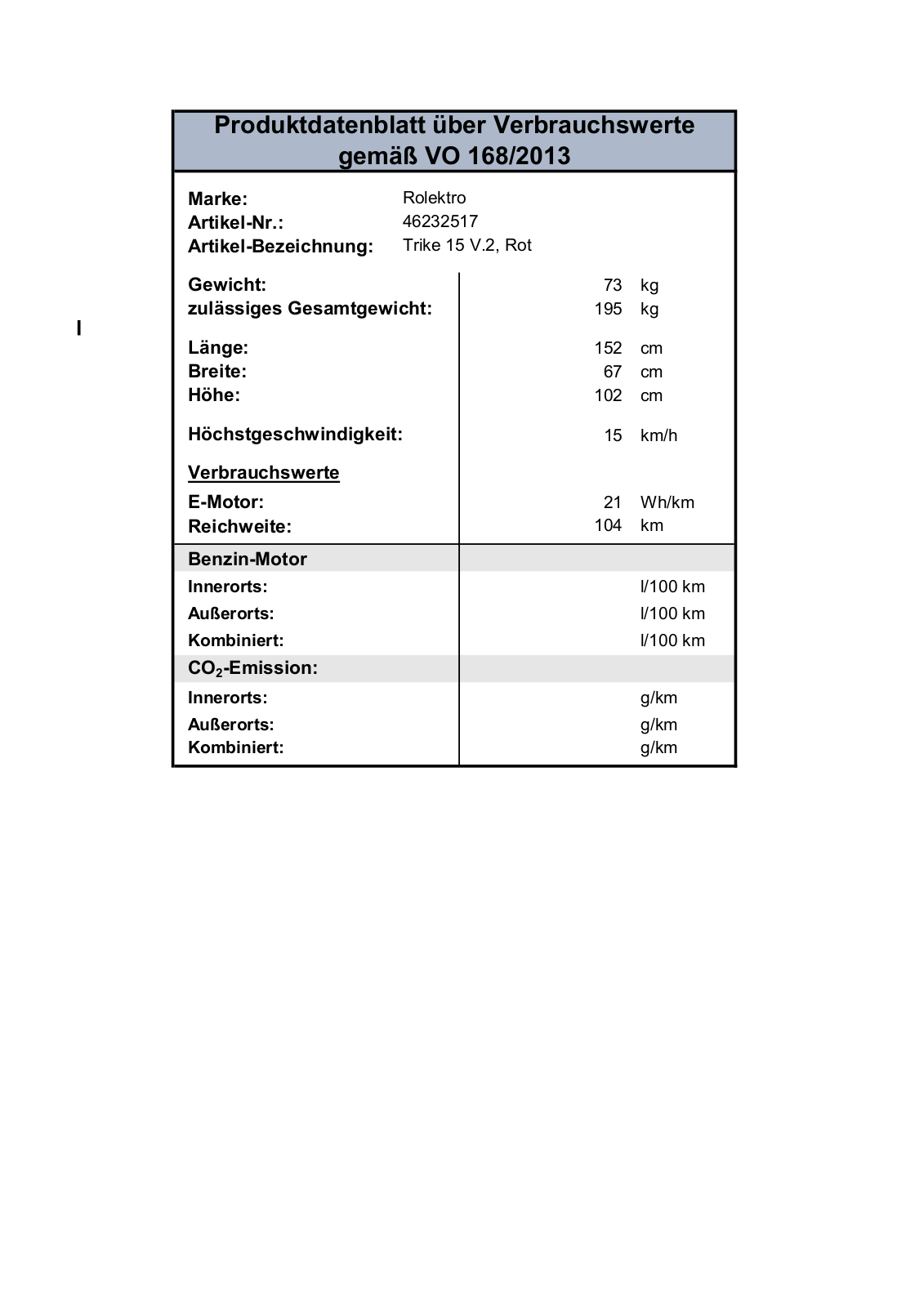 Rolektro E-Trike 15 V.2 Technical data