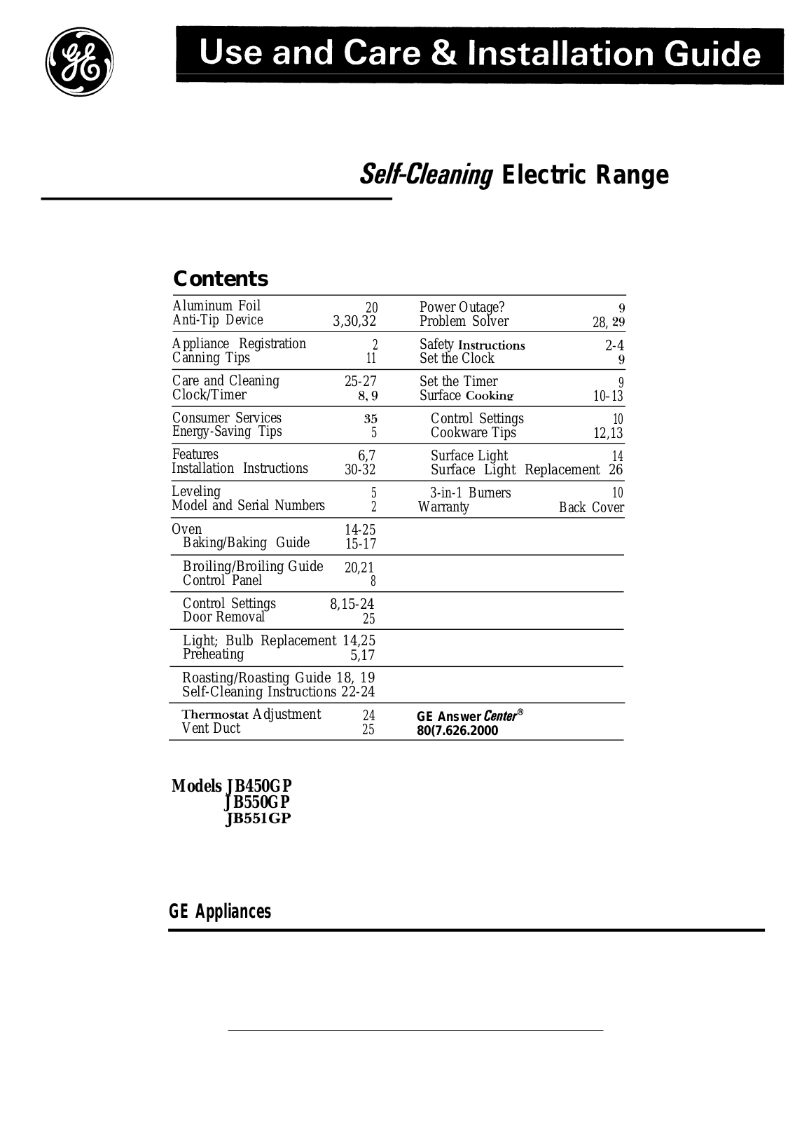 GE JB450GP, JB550GP, JB551GP Use and Care Manual