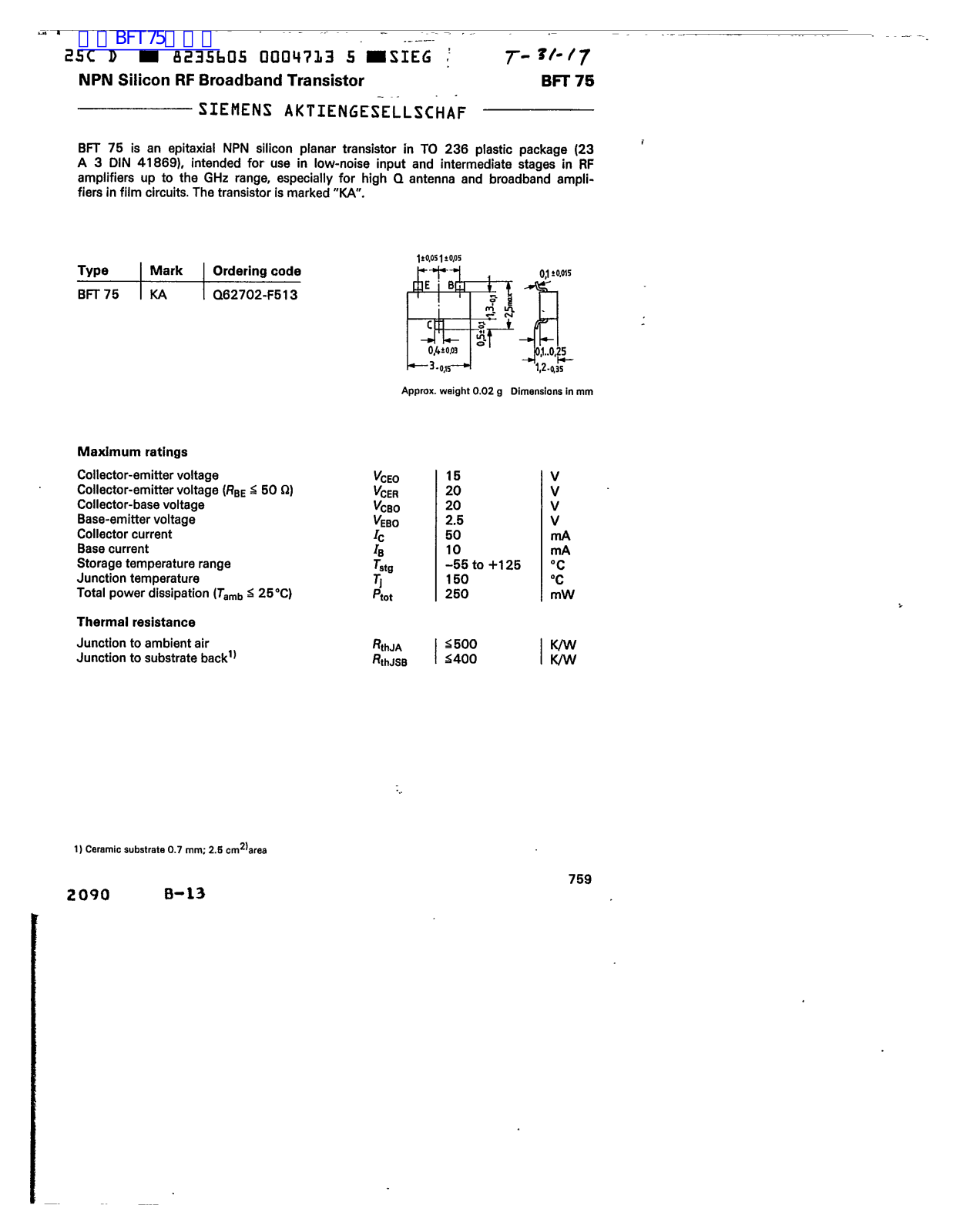 Siemens BFT 75 Technical data