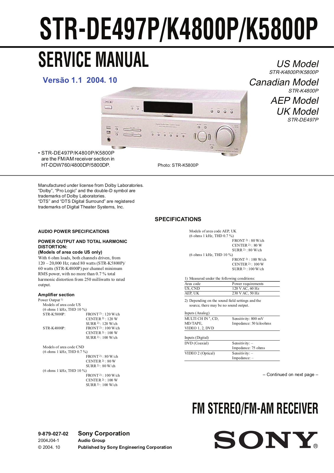 Sony STR-DE497, STR-K4800P, STR-K5800P Schematic