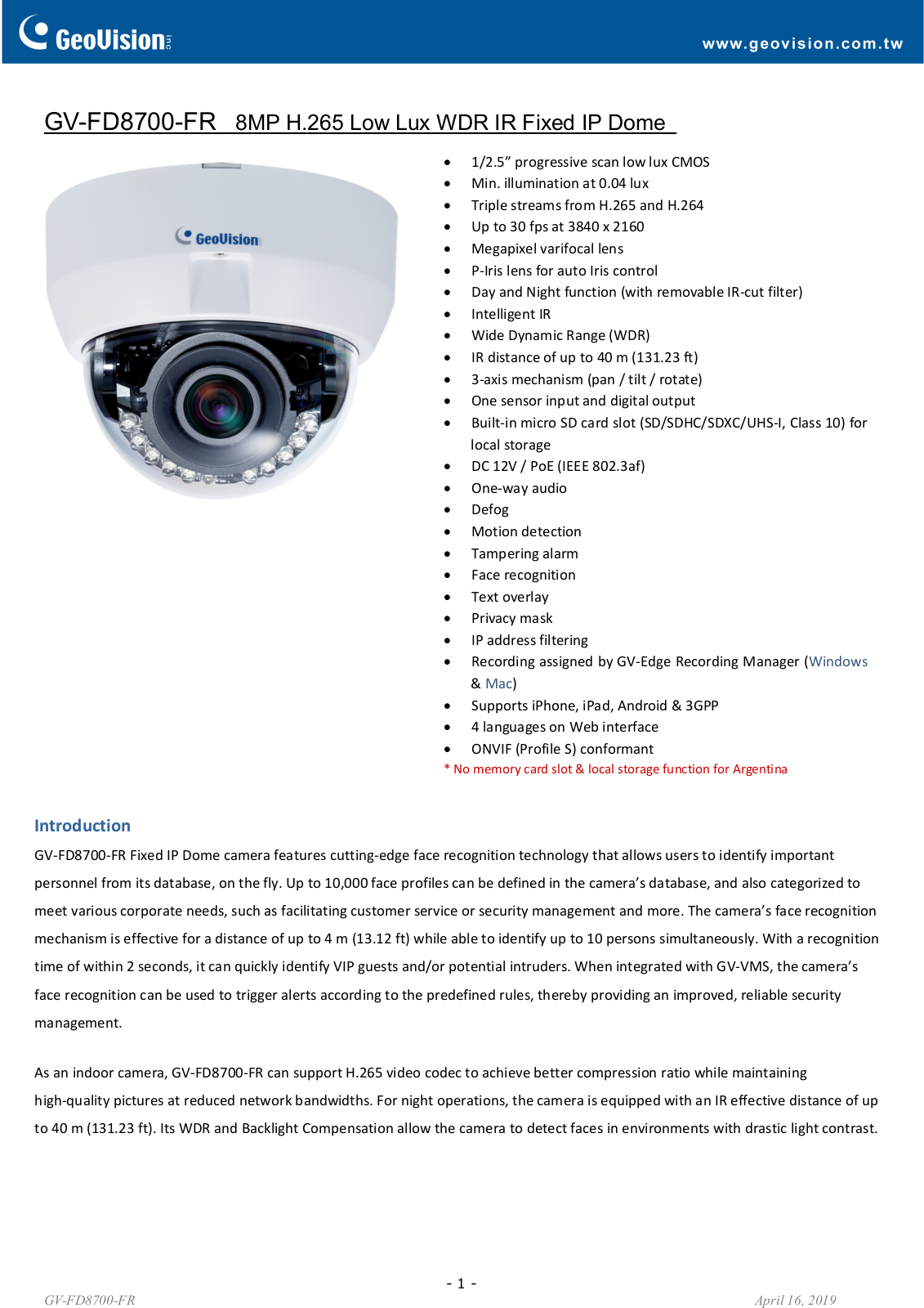 Geovision GV-FD8700-FR Specsheet