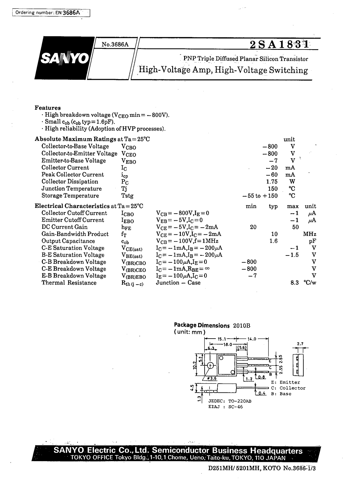 SANYO 2SA1831 Datasheet