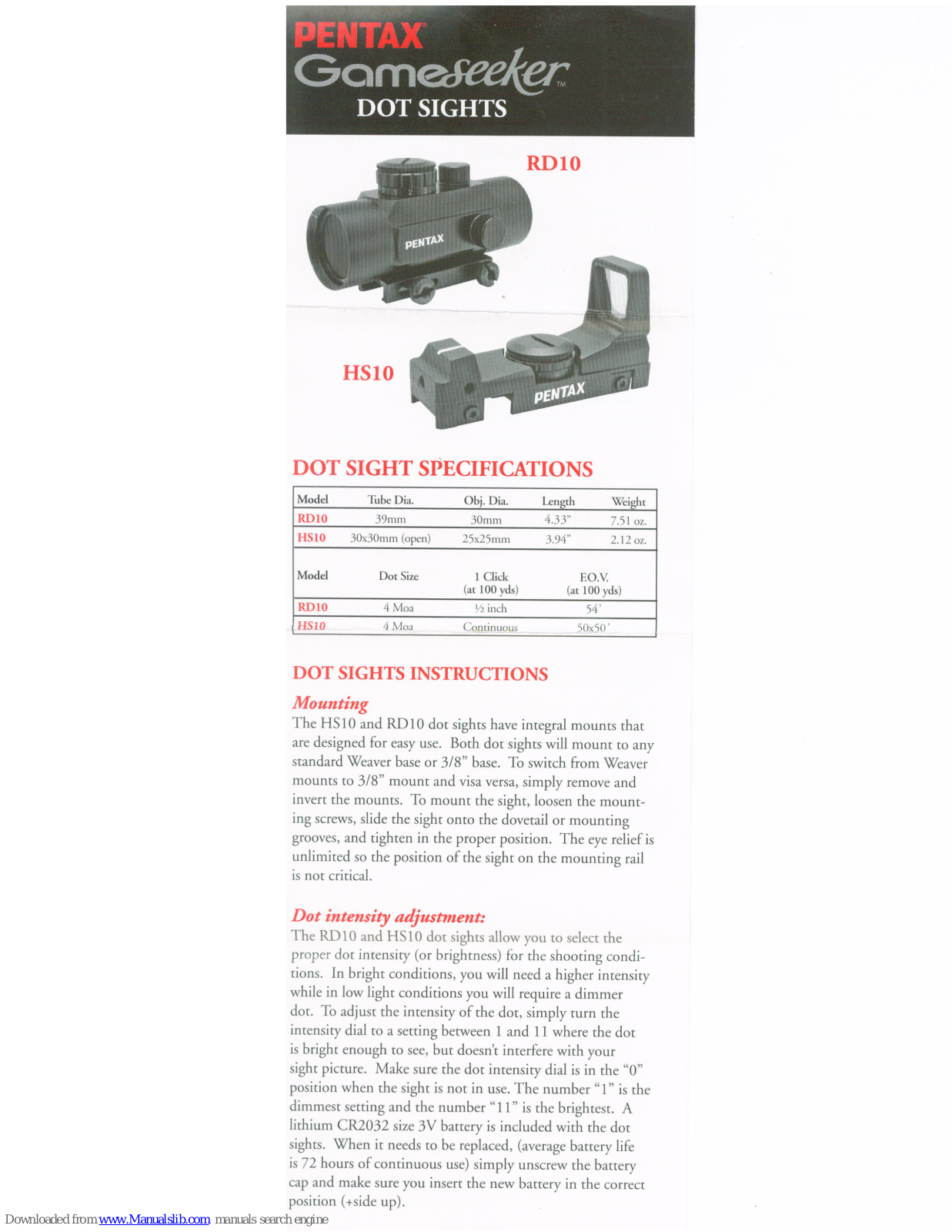 Pentax Gameseeker Dot Sights RD10, Gameseeker HS10 User Manual