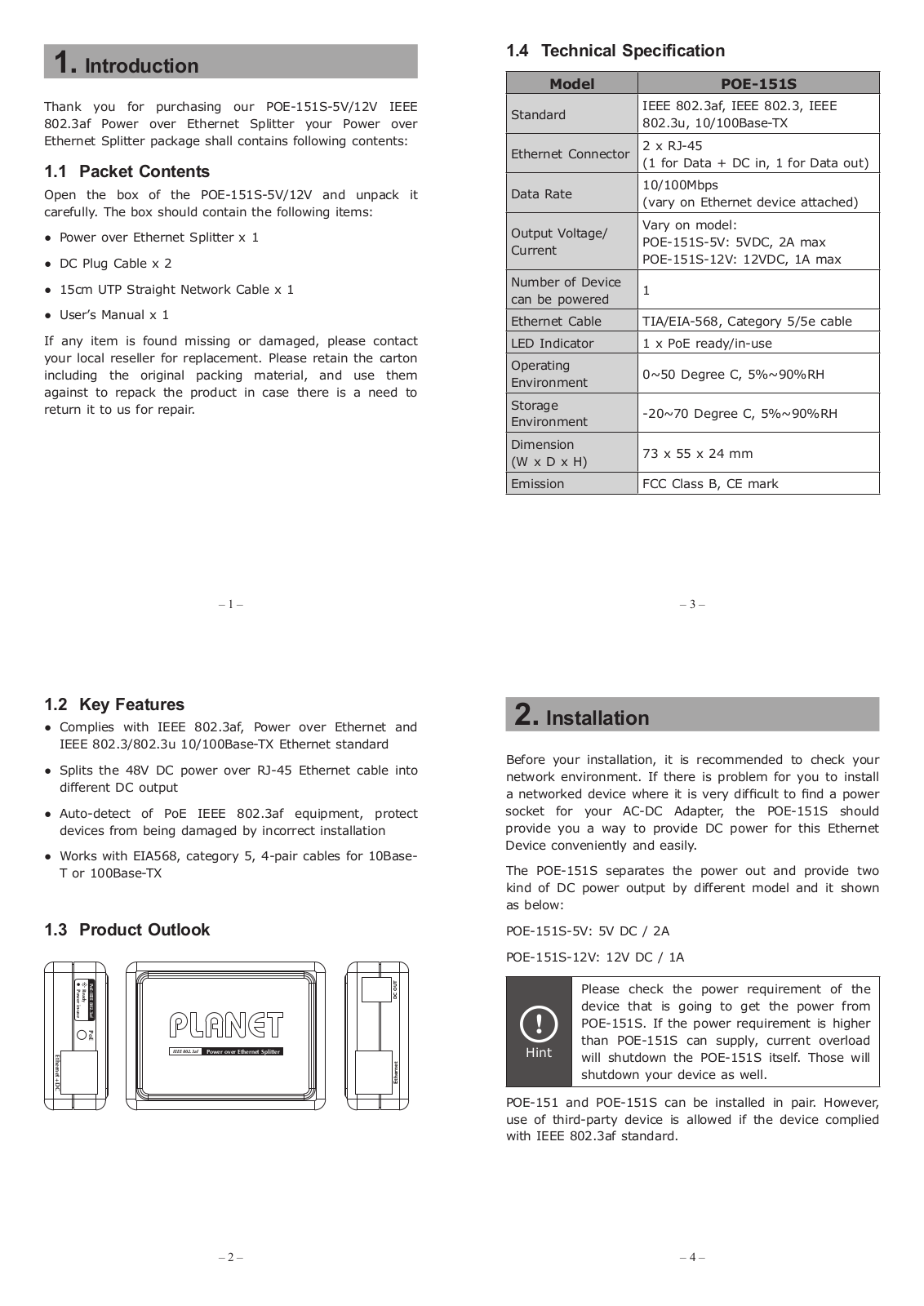 PLANET POE-151S User Manual