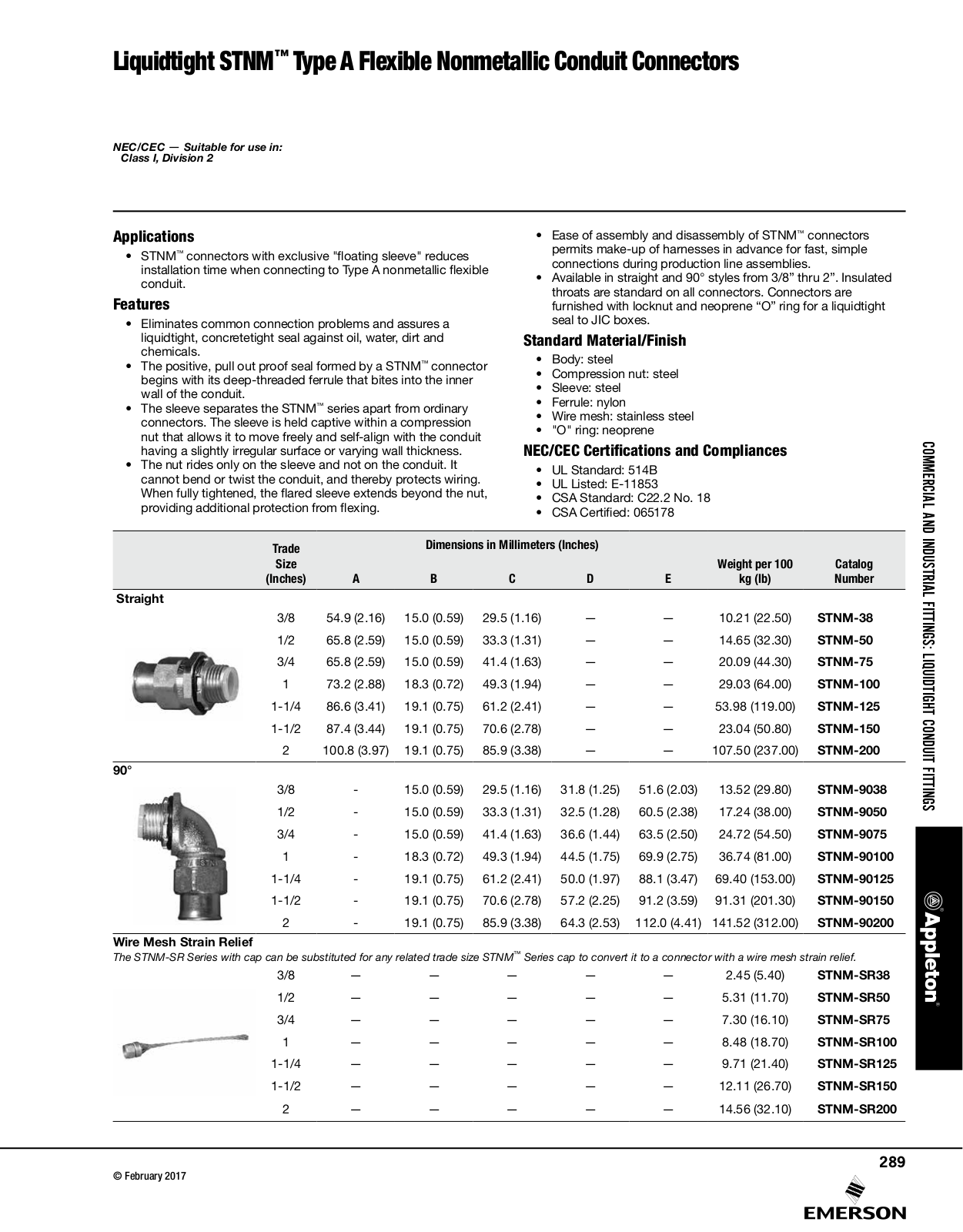 Appleton Liquidtight STNM™ Type A Flexible Nonmetallic Conduit Connectors Catalog Page