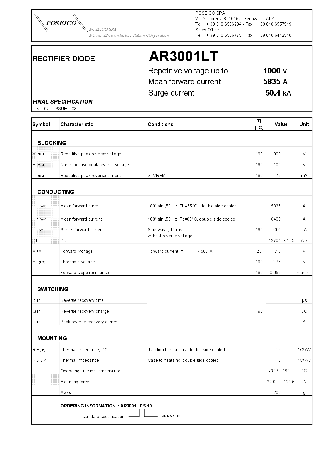 POSEICO AR3001LTS10 Datasheet