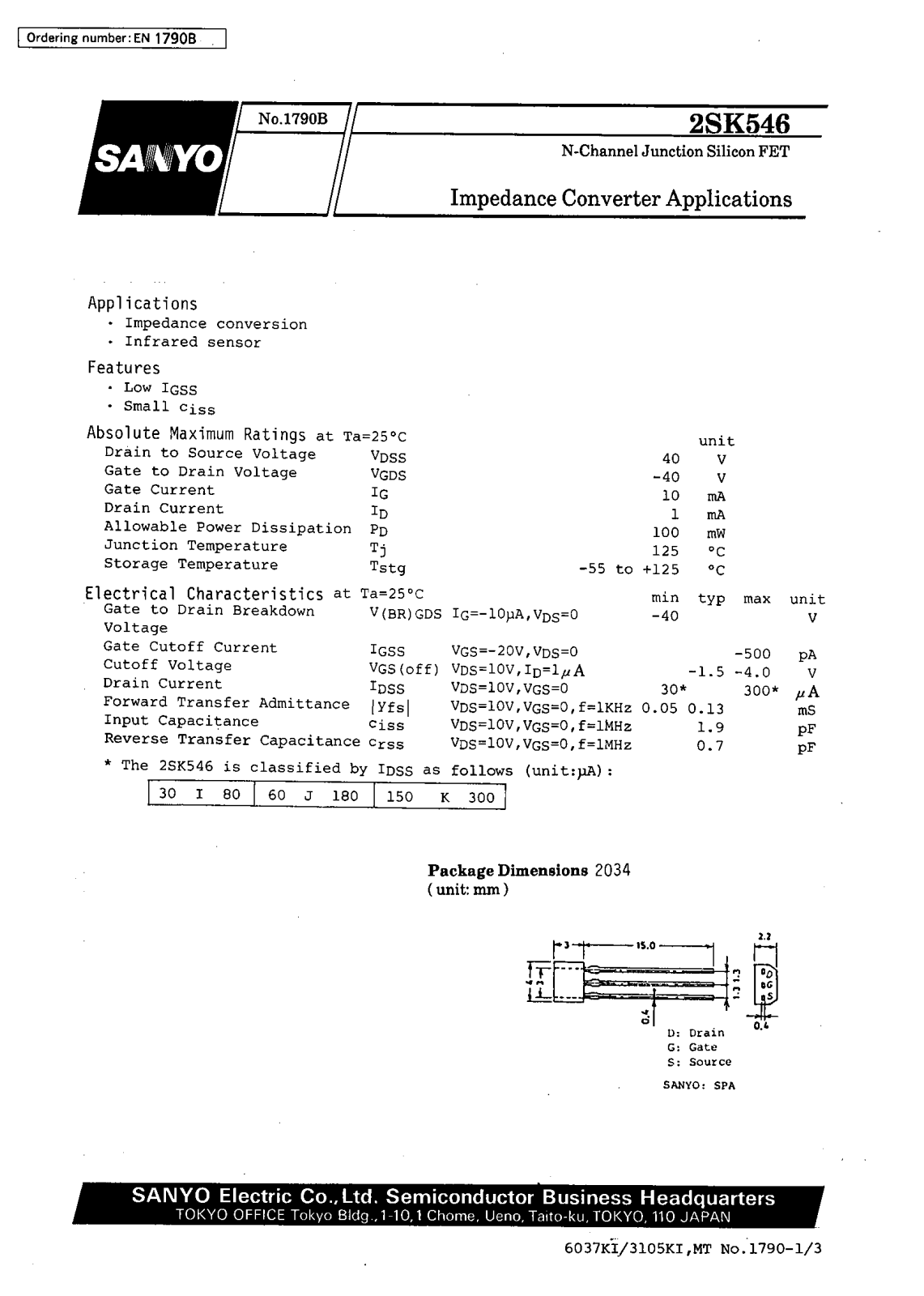 SANYO 2SK546 Datasheet