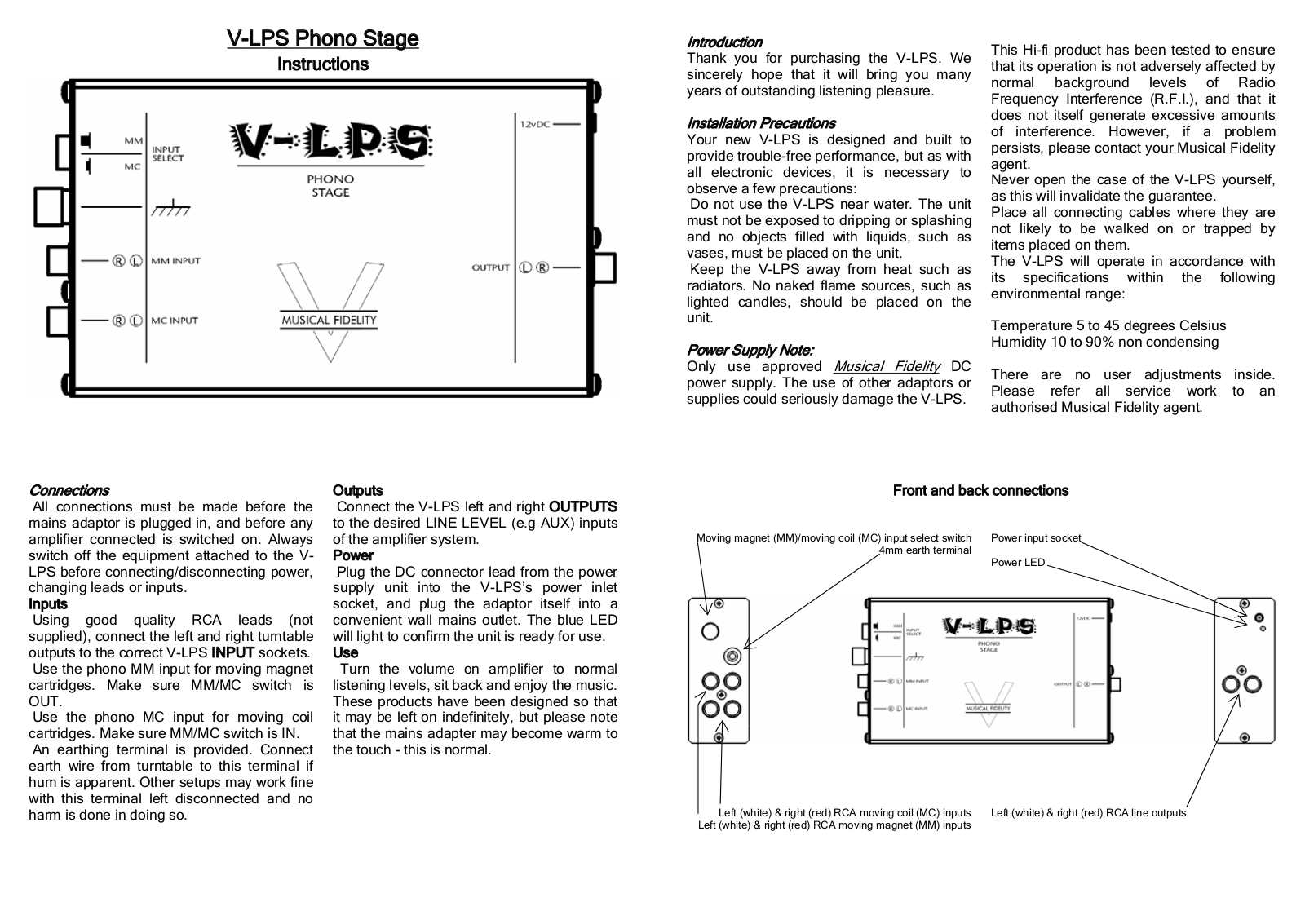 Musical Fidelity VLPS Owners manual