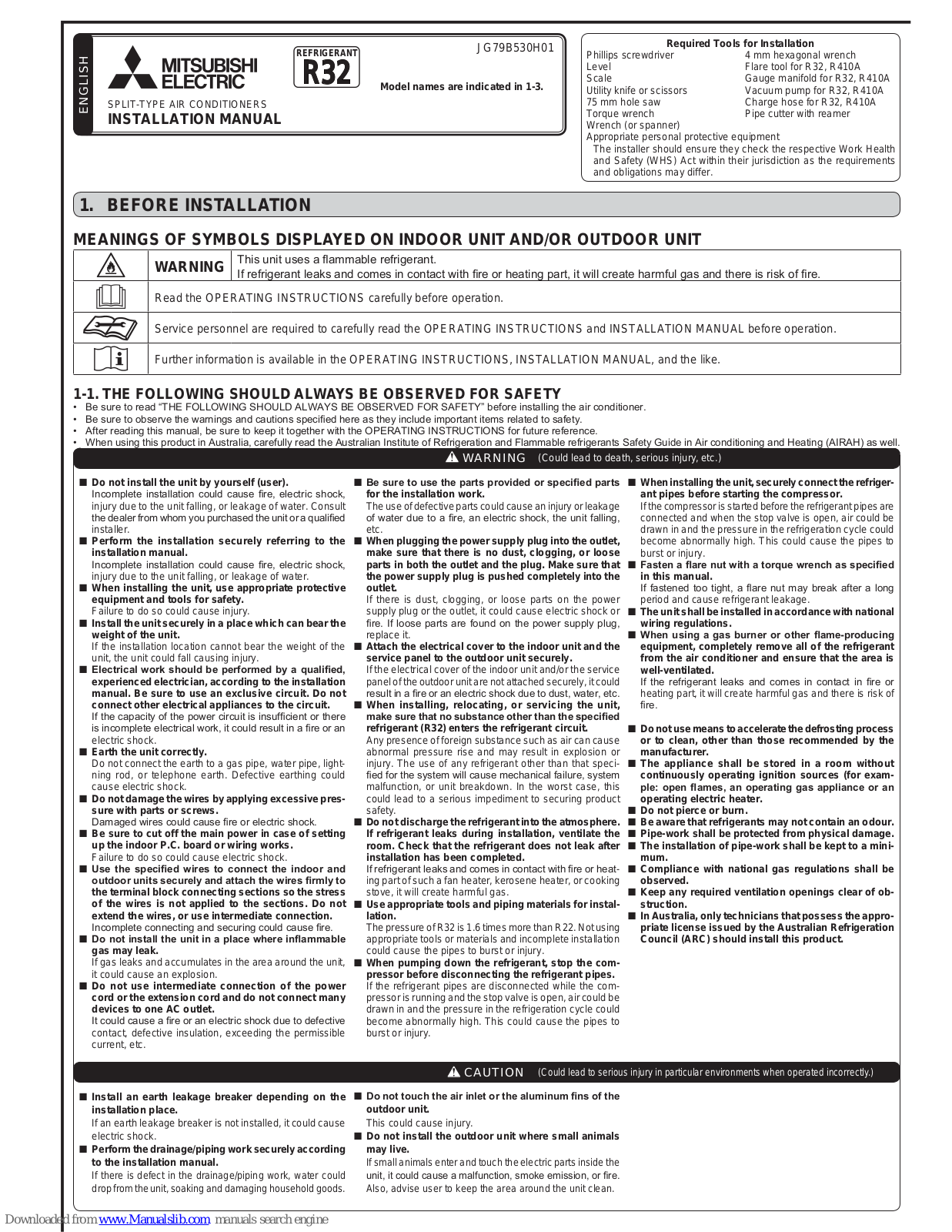 Mitsubishi Electric MSZ-GL71VGD, MSZ-GL80VGD, MUZ-GL71VGD, MUZ-GL80VGD Installation Manual