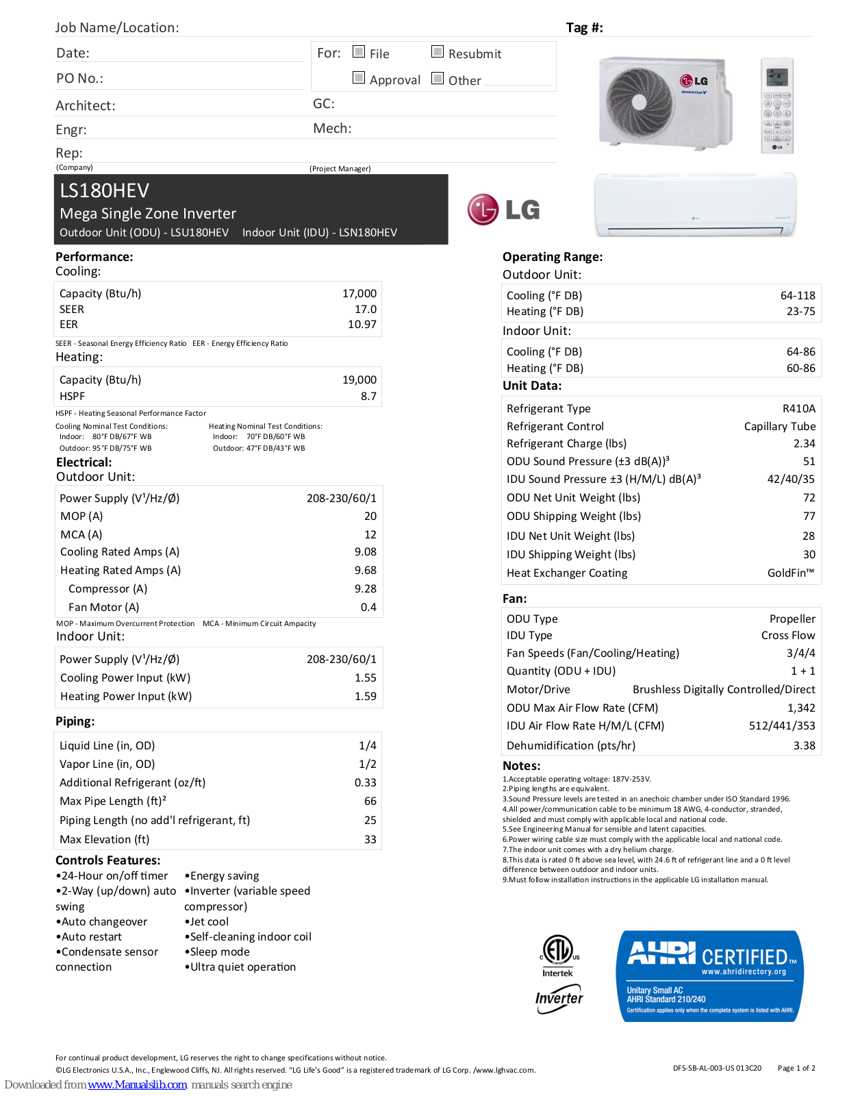 LG LS180HEV, LSU180HEV, LSN180HEV Submittal Sheet