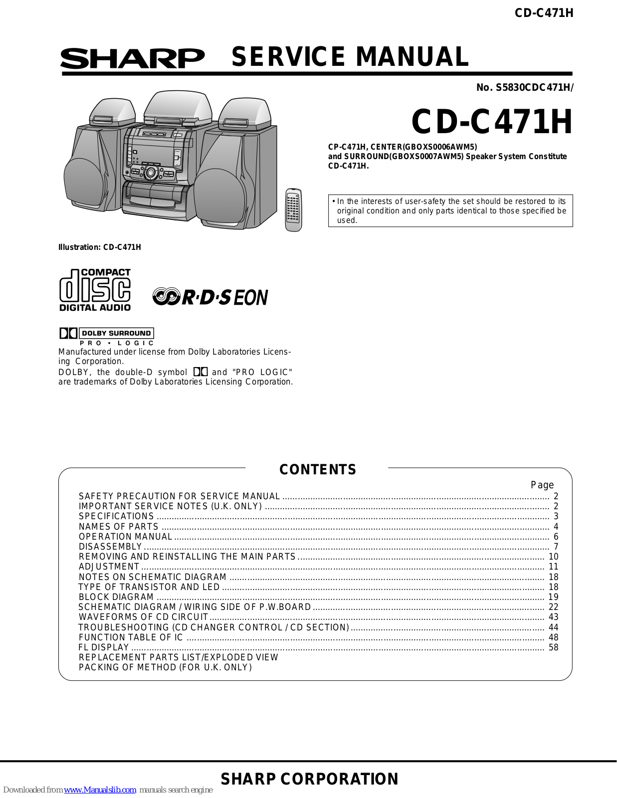 Sharp CD-C471H, GBOXS0006AWM5, GBOXS0007AWM5 Service Manual