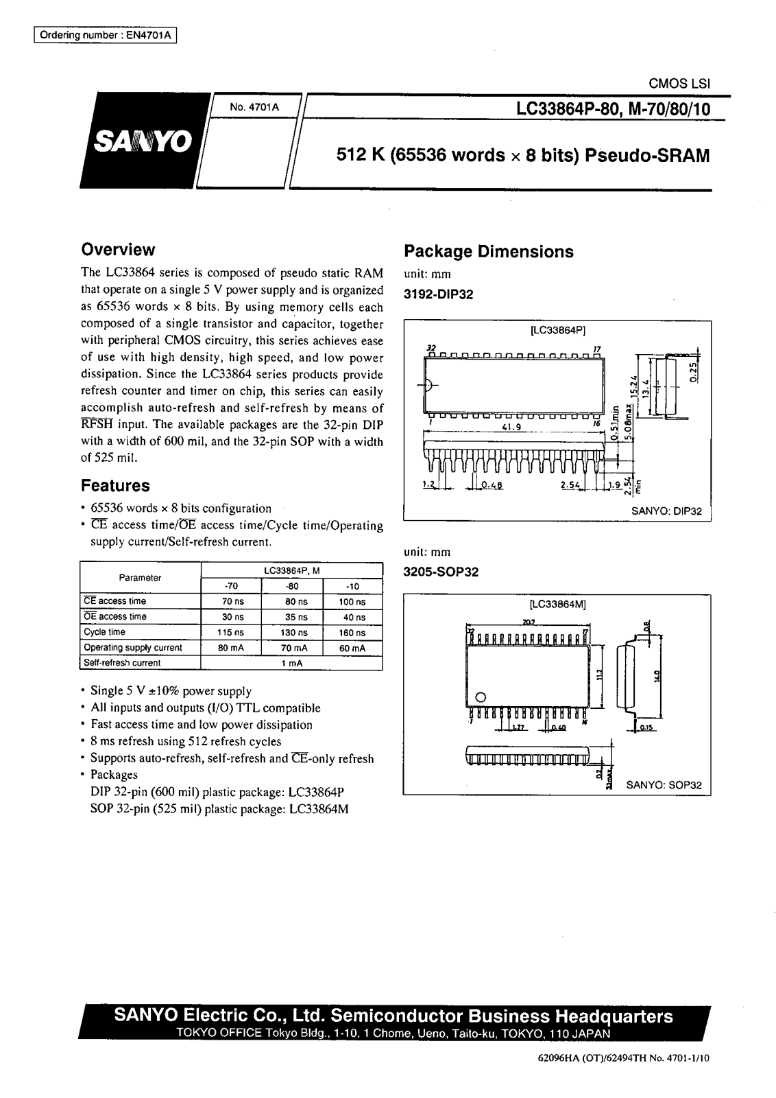 SANYO LC33864M-80, LC33864M-70, LC33864M-10 Datasheet