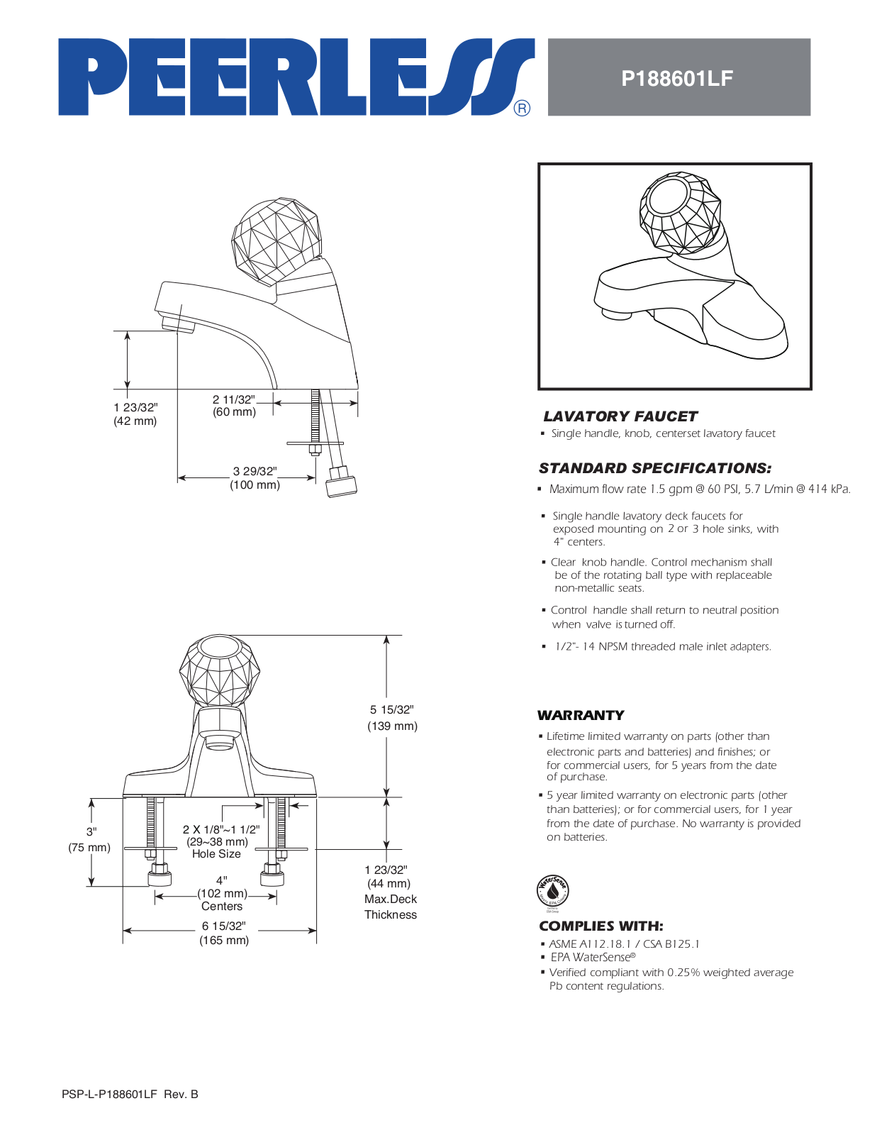 Peerless Faucets PEY1083 Specifications - ManualMachine.com