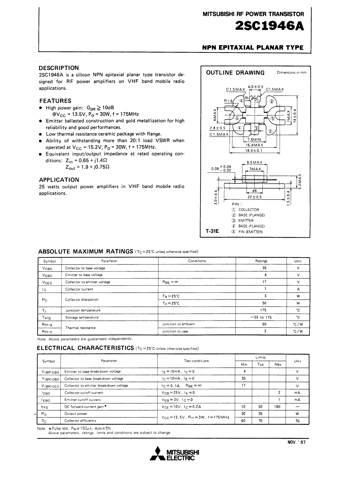 Mitsubishi Electric Corporation Semiconductor Group 2SC1946A Datasheet