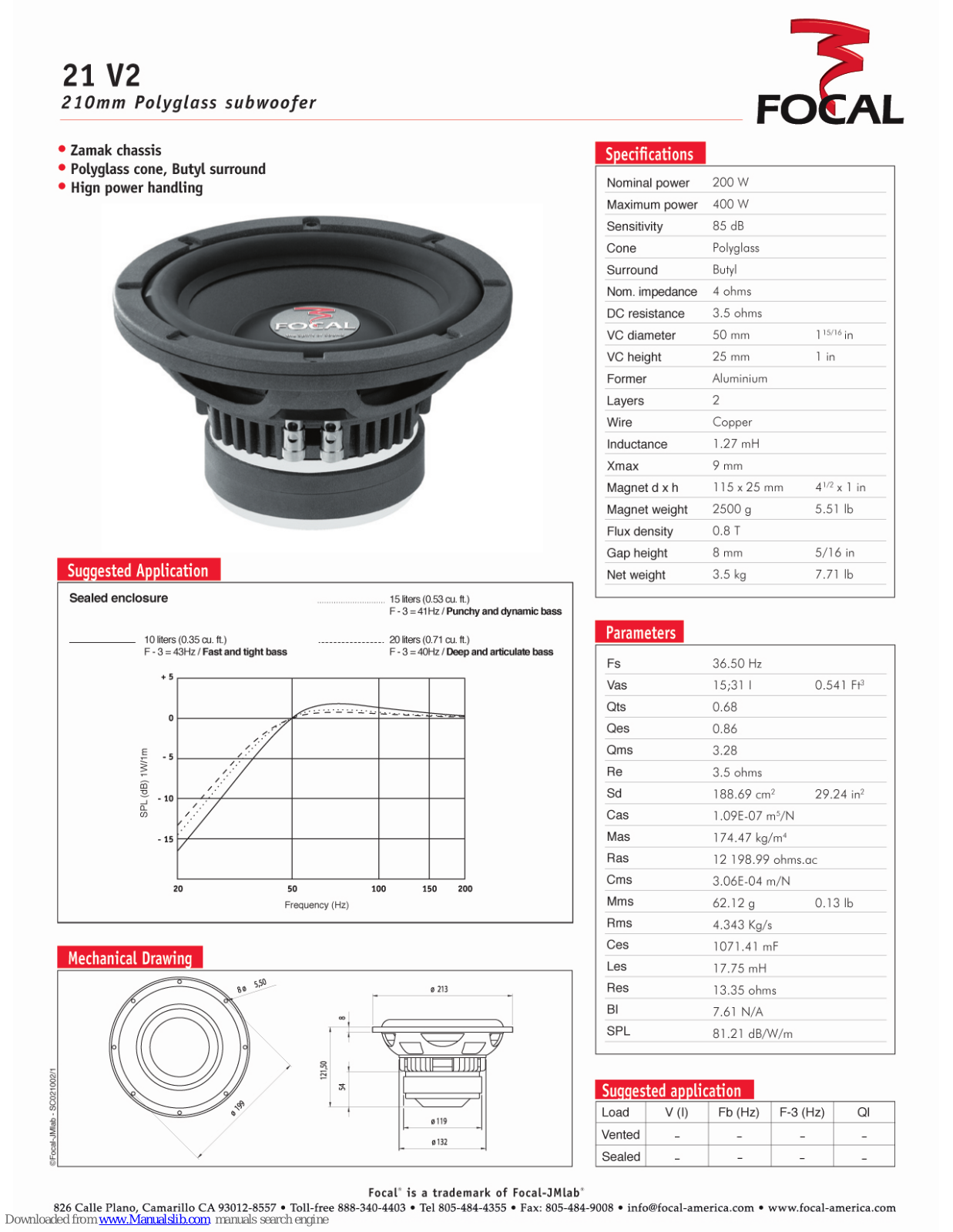 Focal Polyglass 21 V2 Specification Sheet - ManualMachine.com