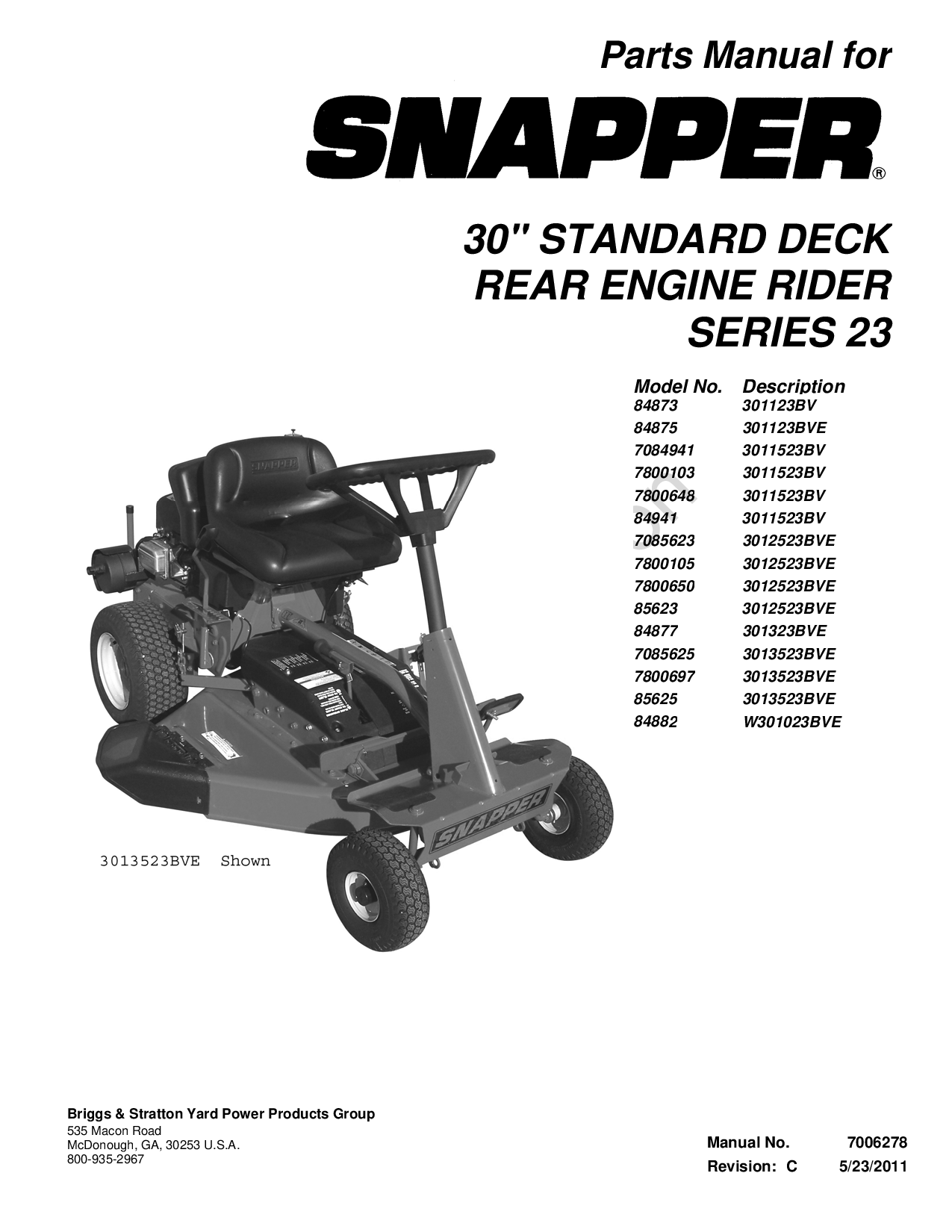 Briggs & Stratton SNAPPER 7800103, SNAPPER 7800105, SNAPPER 7800648, SNAPPER 7800697, SNAPPER 85625 User Manual
