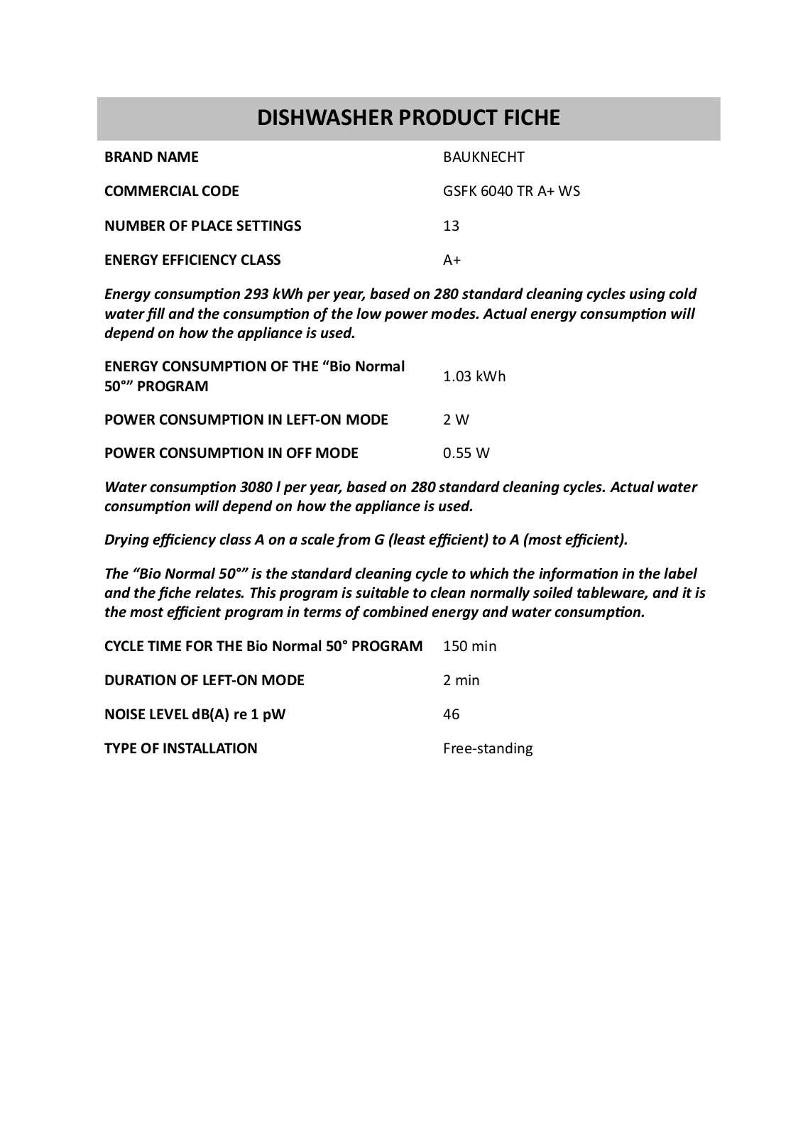 Whirlpool GSFK 6040 TR A WS Product Sheet