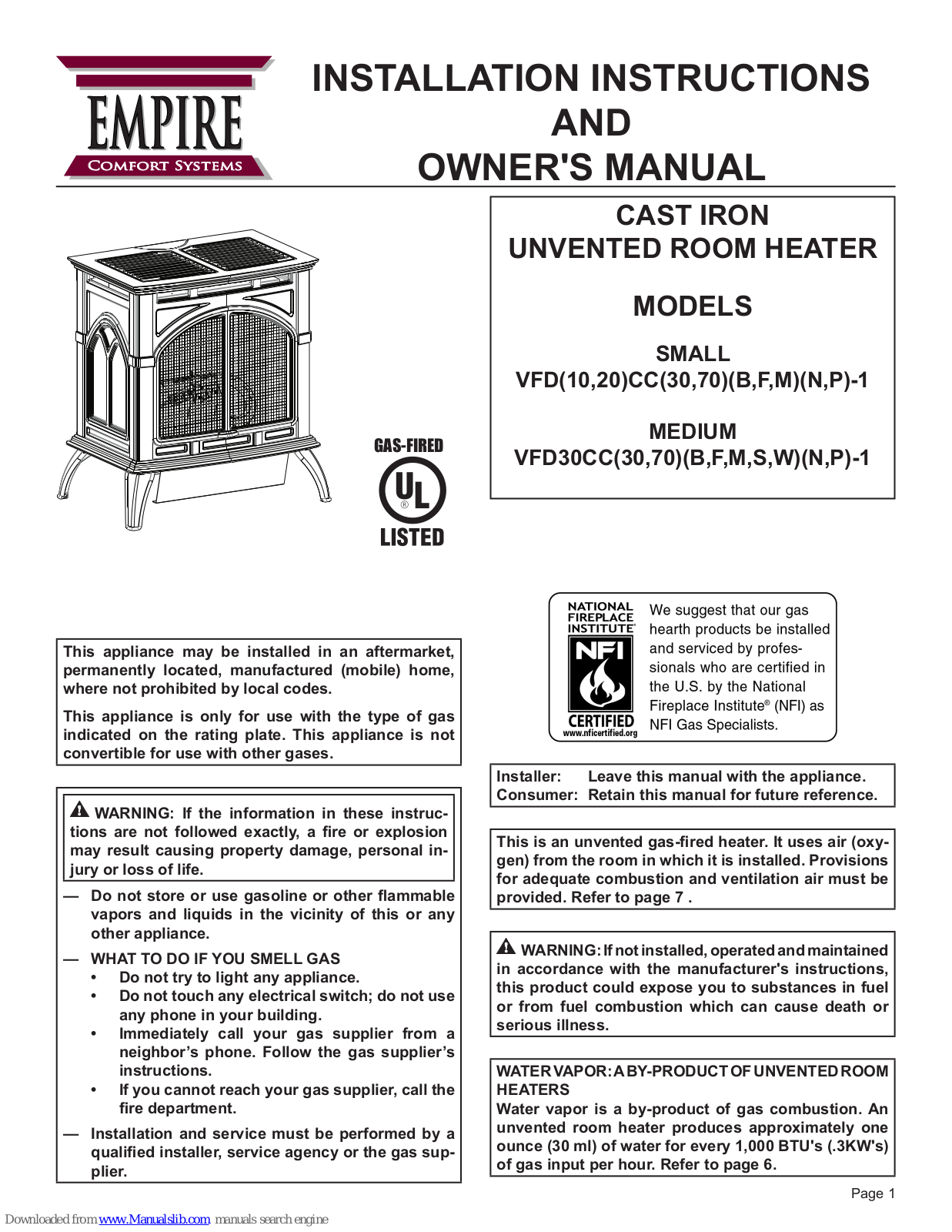 Empire Comfort Systems VFD10CC30MN-1, VFD10CC30BN-1, VFD10CC70MN-1, VFD10CC30BP-1, VFD10CC70BN-1 Owner's Manual